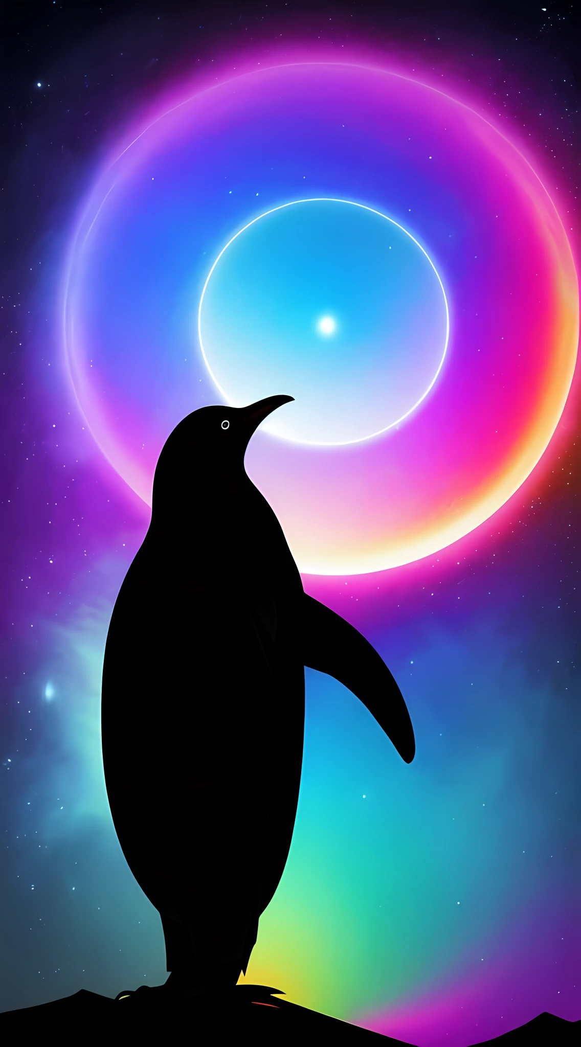 absurd, ultra detailed, Create an image using a prism effect, with light refraction and creating a colorful and kaleidoscopic appearance. Create an image with fisheye lens effect, capturing a wide field of view with a distinct, curved perspective. BREAK , Capture of an imposing penguin style Greek sculpture, with a beautiful nebula in the colors baby blue and purple, conveying a sense of tranquility and natural beauty. BREAK , Illustrate a monochromatic world, convey depth, emotion and a stunning visual impact.