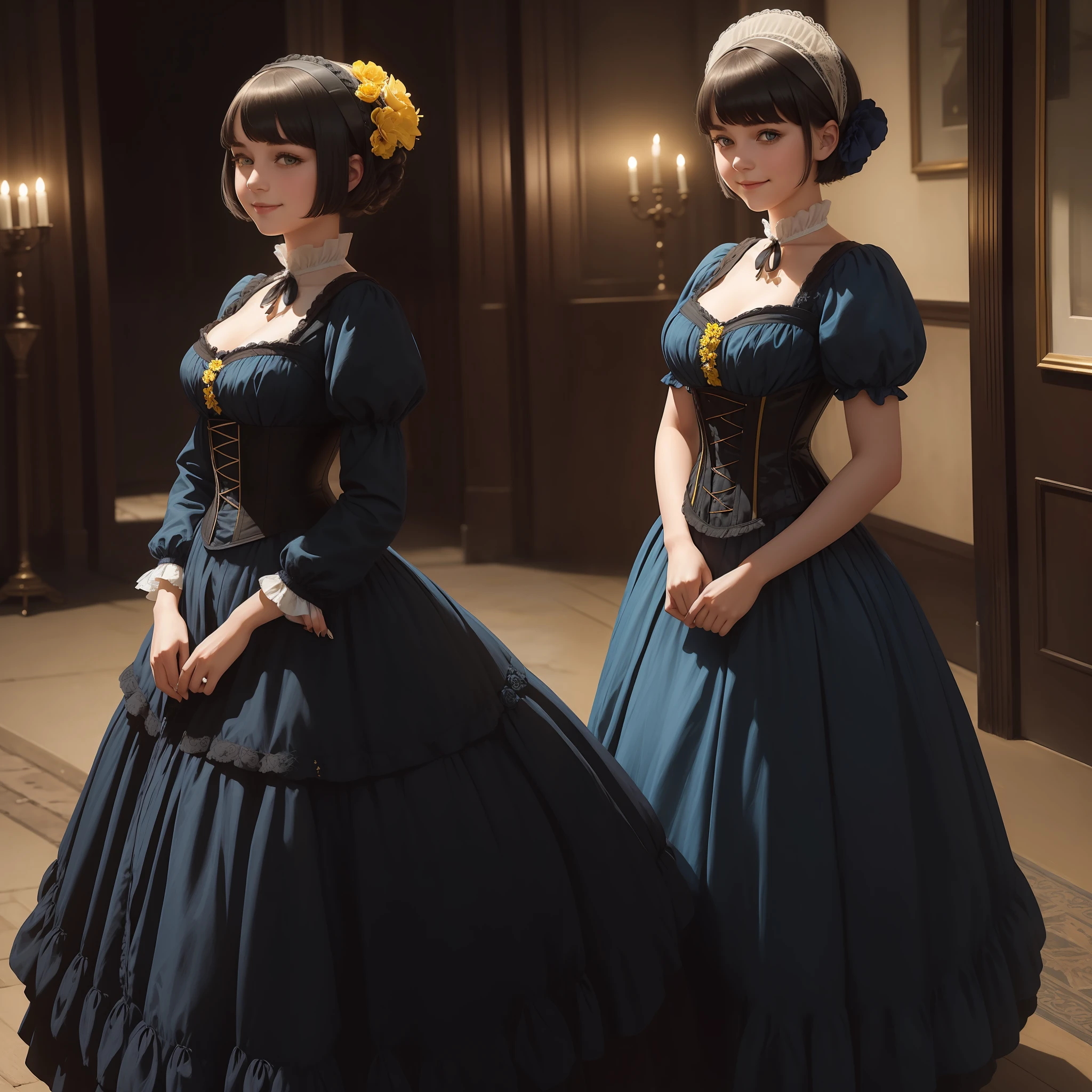 (((1girl))), (((solo))), Caucasian white girl, 20 years old, black bobcut hair with a flower in her hair, dressed in a victorian era yellow corset and blue dress, at a victorian era london, night, she's standing, she's smiling, sideways