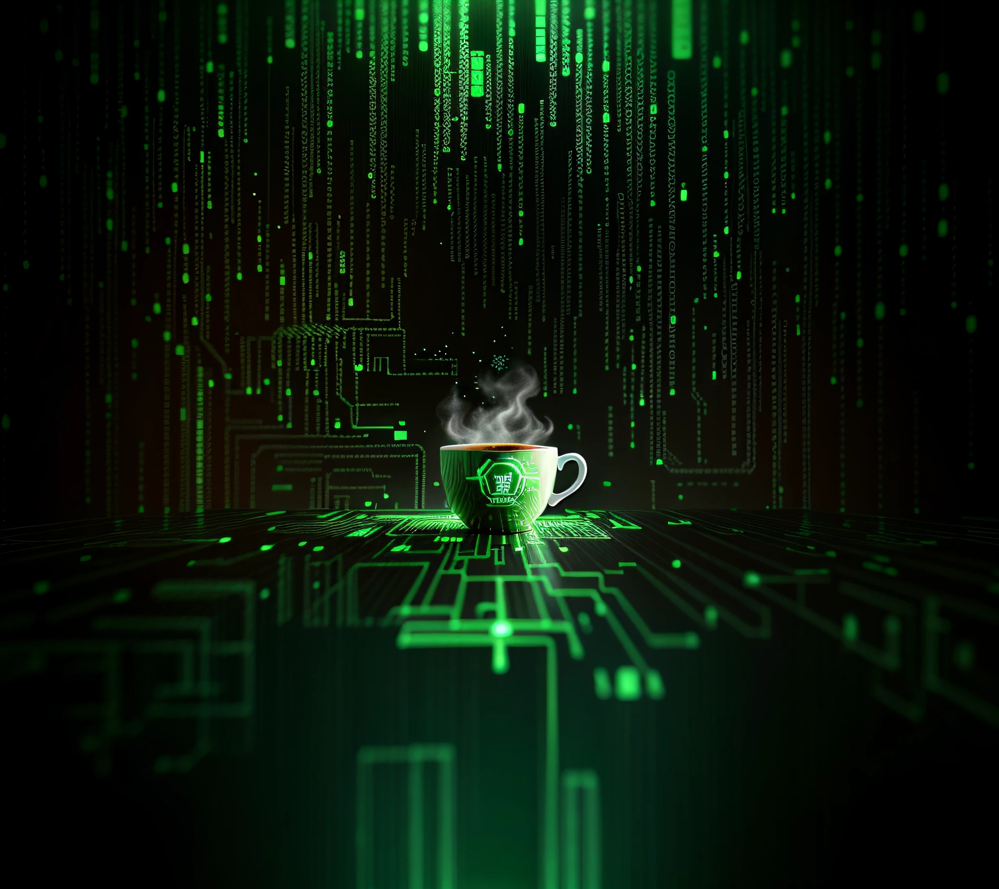 a close up of a cup of coffee on a table with a green background, green matrix light, green matrix code, coffee and stars background, cup of coffee, surreal cyberspace, green digital world, matrix symbols in the background, the sacred cup of understading, cyber background, coffee cup, digital background, amazing contrasting background, magnificent background, matrix code