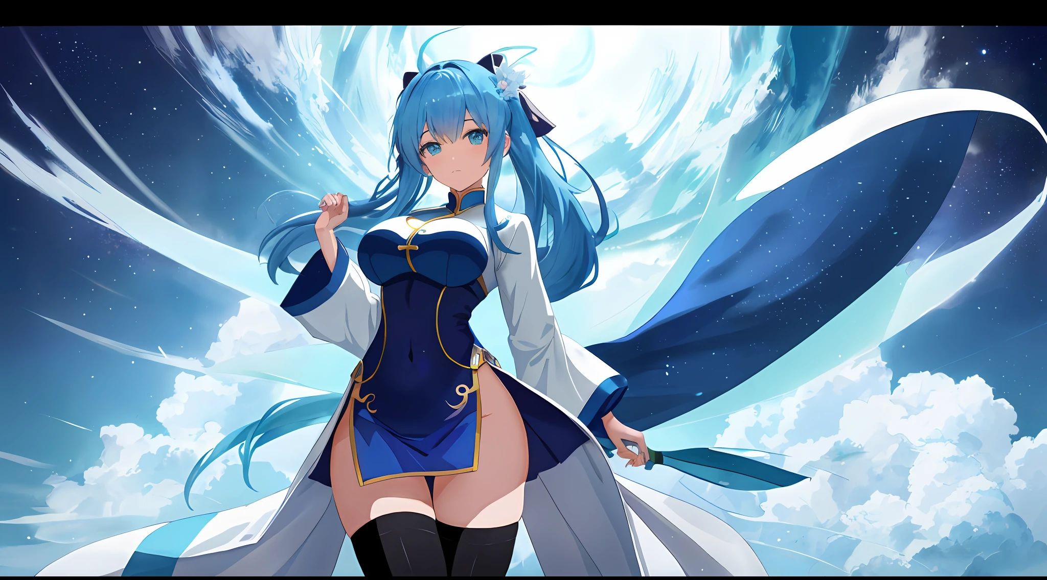 Anime girl with very big breasts and very big ass, full body Xianxia, small curvy loli, ((solo girl)), big, china dress, long slit, big ass, miniskirt, ((thighhigh)),((crotch))、(POV)))、,curvy,(thighhigh),(suits))、( Long Slit), pixiv3dcg,, negao, pixiv, ecchi, otppuro potion, full body commission four, top rating on pixiv, seed sil + fubuki's uniform (1.4) + portrait anime space girl + (blue hair: 1.3) + (Chiho Aoshima: 1.1) + (Future Anime Girl: 1.2) + (Ghost in the Shell style) + ( Official character art) + (beautiful girl) + wedding bouquet + white fabric + blue background.