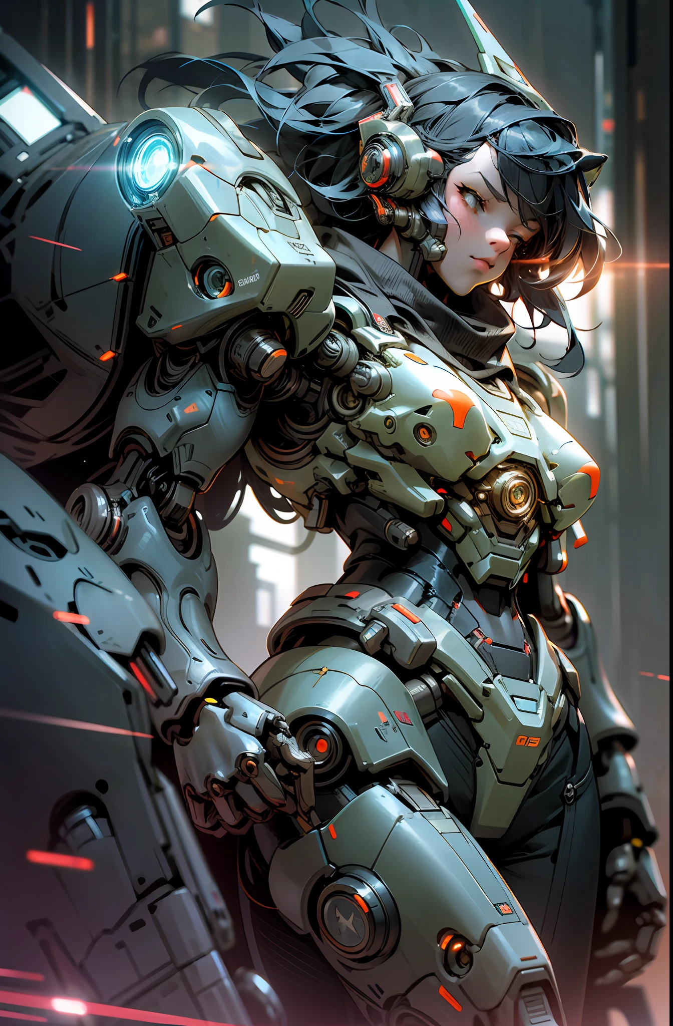 Dark_Fantasy,Cyberpunk, (black:1.1), close-up of 1 female Mecha,Robotic presence,Cybernetic guardian, plasma rifle,cyberpunk street background, cinematic lighting, dark shadows