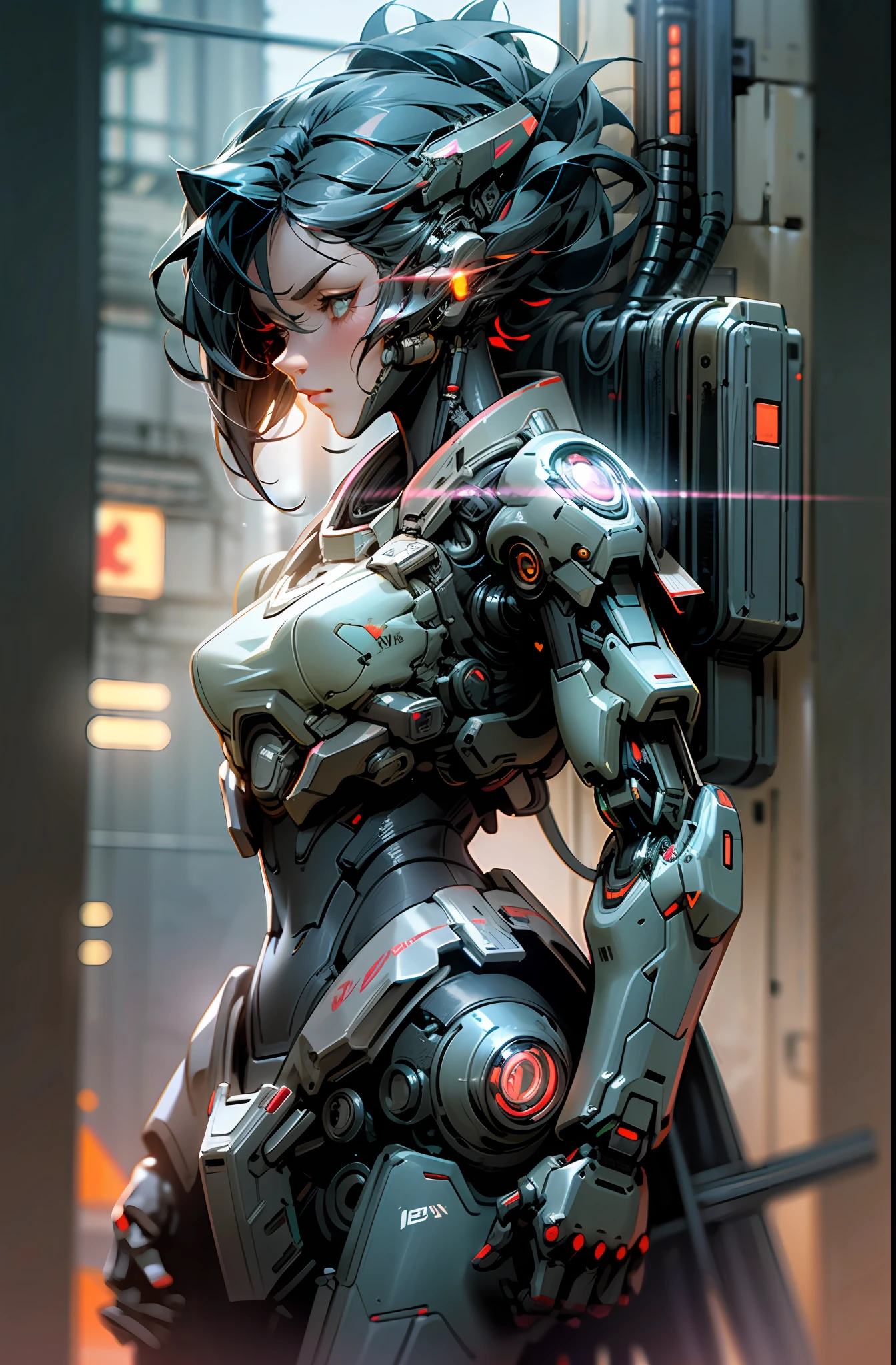 Dark_Fantasy,Cyberpunk, (black:1.1), close-up of 1 female Mecha,Robotic presence,Cybernetic guardian, plasma rifle,cyberpunk street background, cinematic lighting, dark shadows