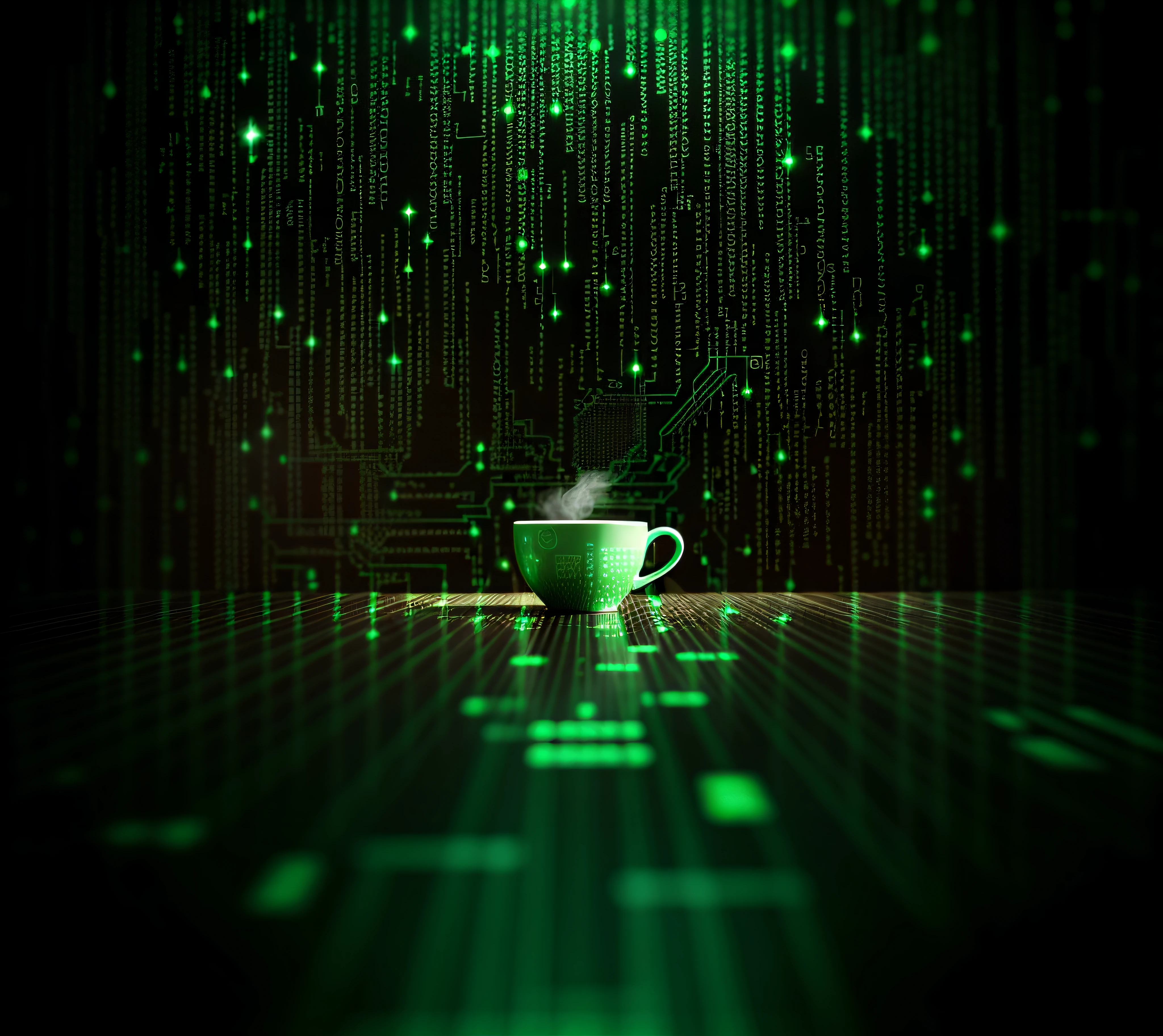 a close up of a cup of coffee on a table with a green background, green matrix light, green matrix code, coffee and stars background, cup of coffee, surreal cyberspace, green digital world, matrix symbols in the background, the sacred cup of understading, cyber background, coffee cup, digital background, amazing contrasting background, magnificent background, matrix code
