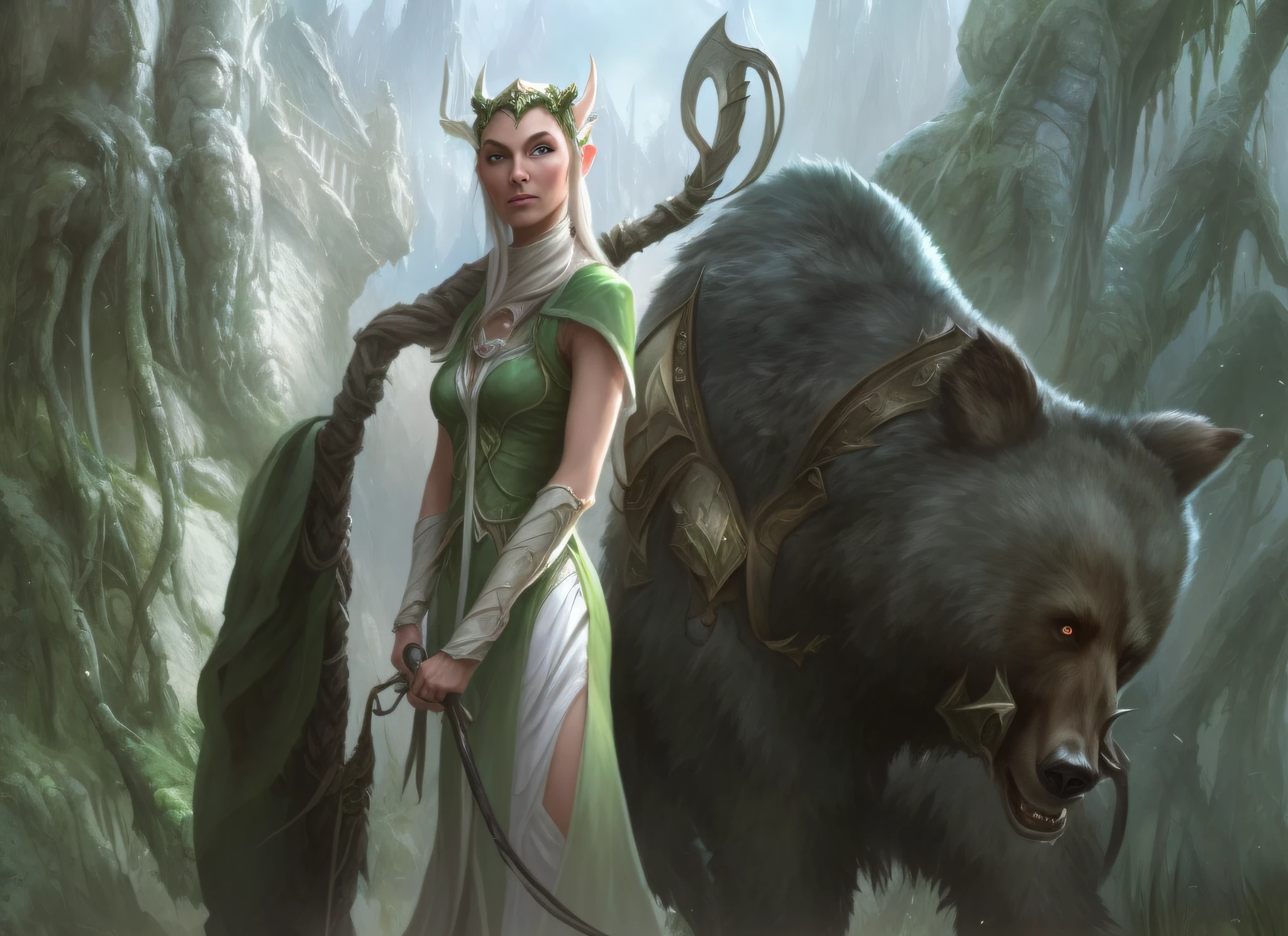 there is a woman that is standing next to a bear, tyler edlin fantasy art, alluring tiefling druid, attractive tiefling druid, elf queen nissa genesis mage, magic the gathering concept art, world of warcraft elven druid, magic the gathering artstyle, magic : the gathering art, female druid, magic the gathering card art, mtg art