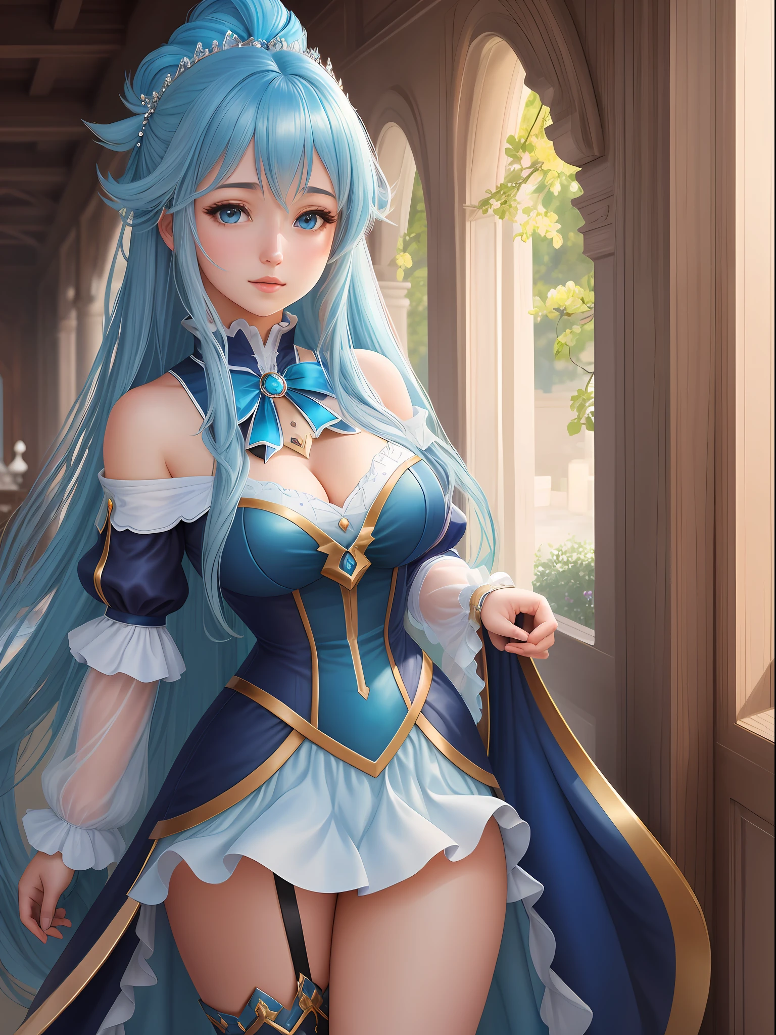 (Masterpiece - Ultra-detailed, high resolution) Get ready to be enchanted by a true masterpiece that combines ultra-detailed art with high-resolution rendering. This artwork shows a mesmerizing girl (aqua_konosuba) with long blue hair (1.3) and captivating blue eyes (1.2), emanating an aura of elegance and mystery. The intricate details and realistic textures invite you to explore all aspects of this enchanting composition. Get ready to immerse yourself in a world where beauty and craftsmanship merge perfectly.