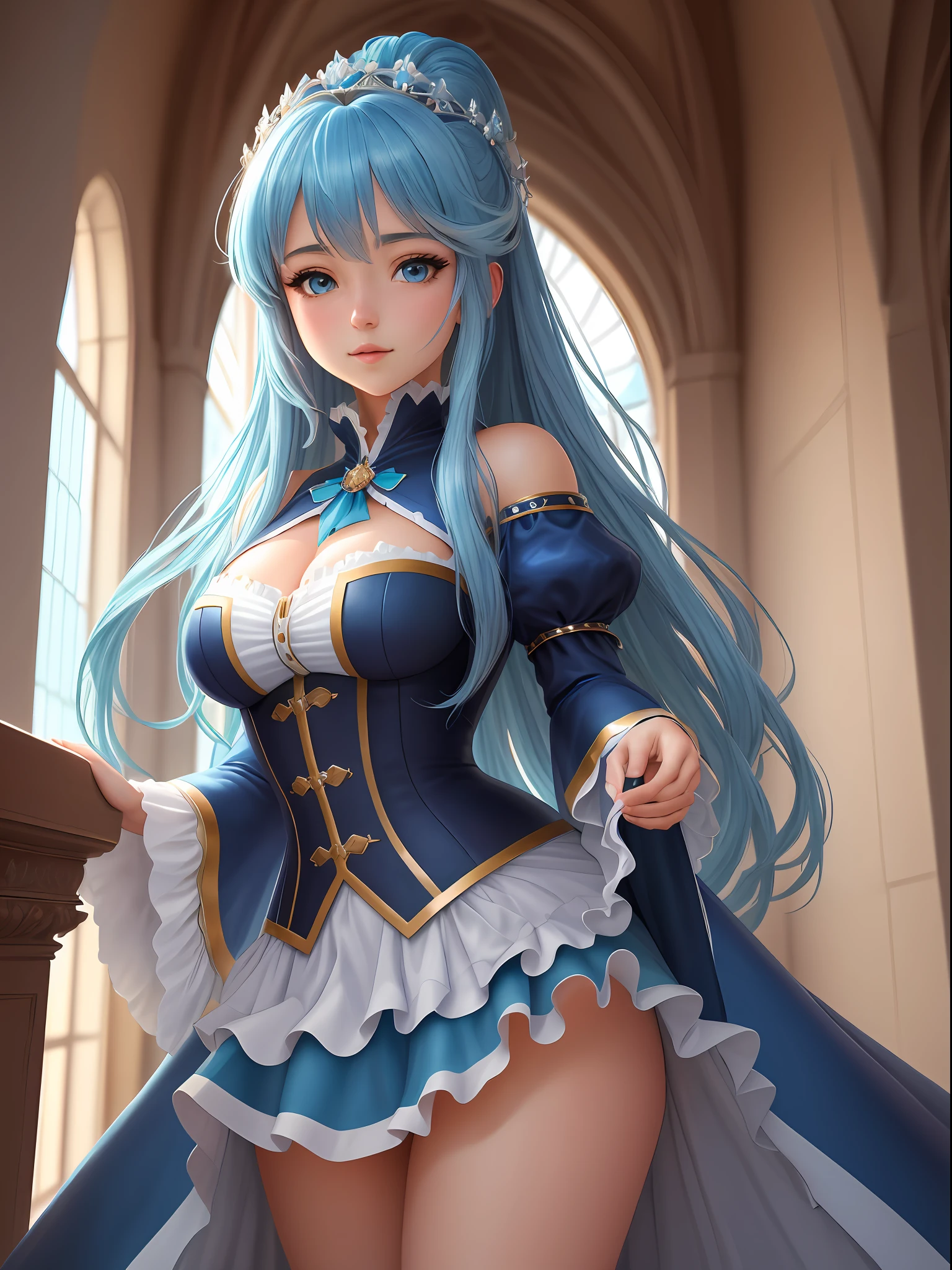 (Masterpiece - Ultra-detailed, high resolution) Get ready to be enchanted by a true masterpiece that combines ultra-detailed art with high-resolution rendering. This artwork shows a mesmerizing girl (aqua_konosuba) with long blue hair (1.3) and captivating blue eyes (1.2), emanating an aura of elegance and mystery. The intricate details and realistic textures invite you to explore all aspects of this enchanting composition. Get ready to immerse yourself in a world where beauty and craftsmanship merge perfectly.