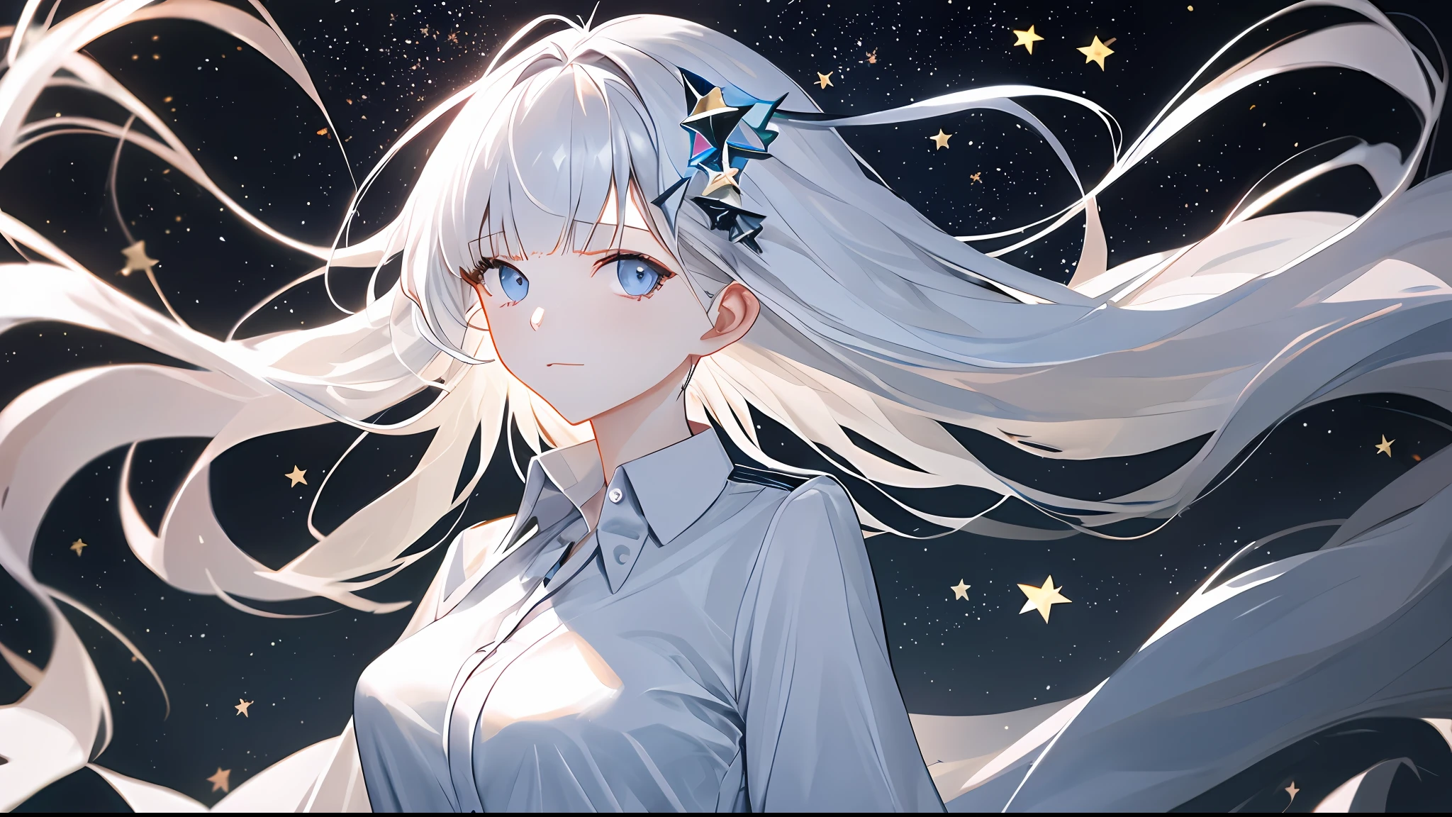 (best quality, masterpiece:1.2) 1girl, solo, looking at viewer, blue eyes, upper body, closed mouth, star \(symbol\), floating hair, white shirt, black background, long hair, bangs, star hair ornament, white hair, breasts, expressionless, light particles