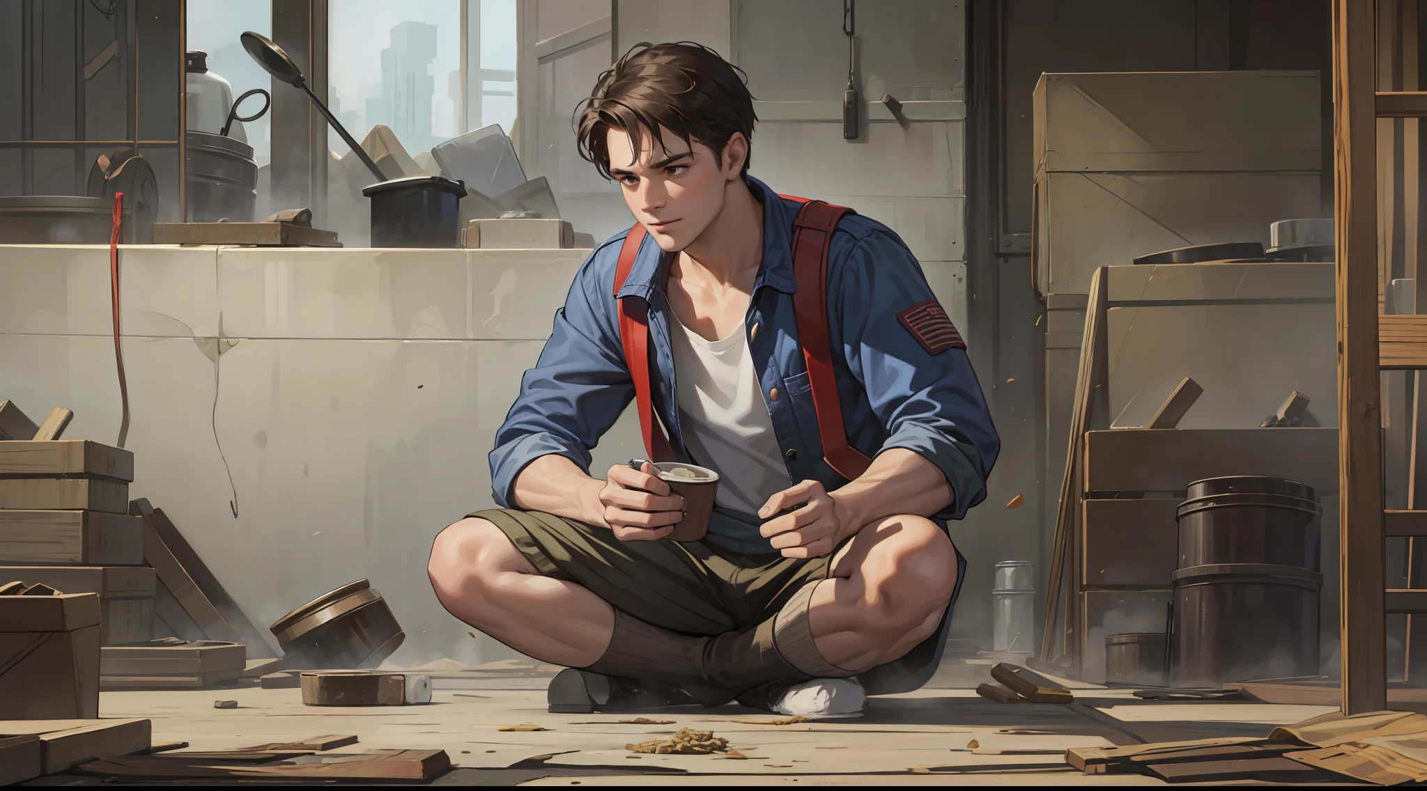 30-year-old man, ragged, working in a factory