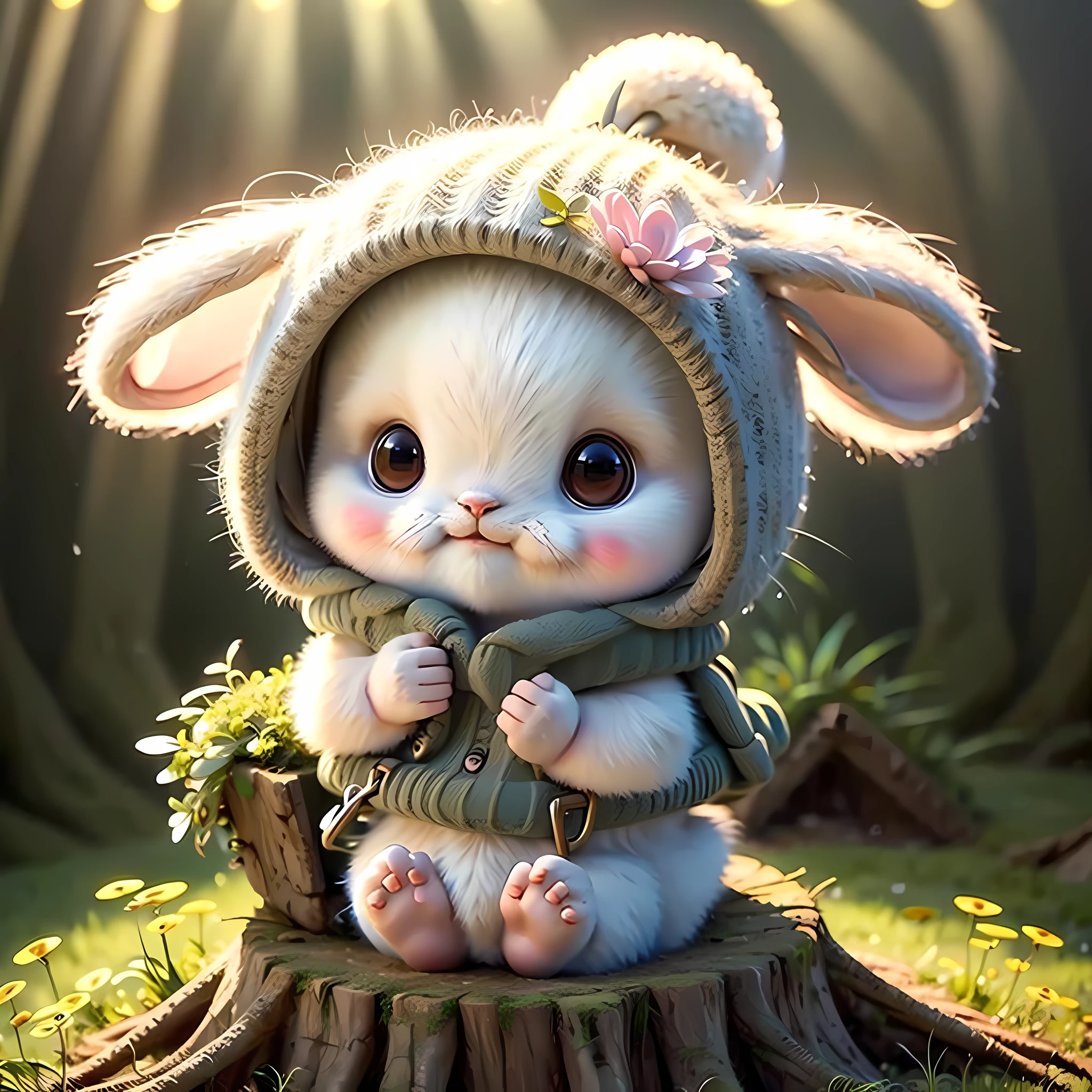 holding camera, tree_stump, flowers, adorable , fluffy, photorealistic, soft lighting,