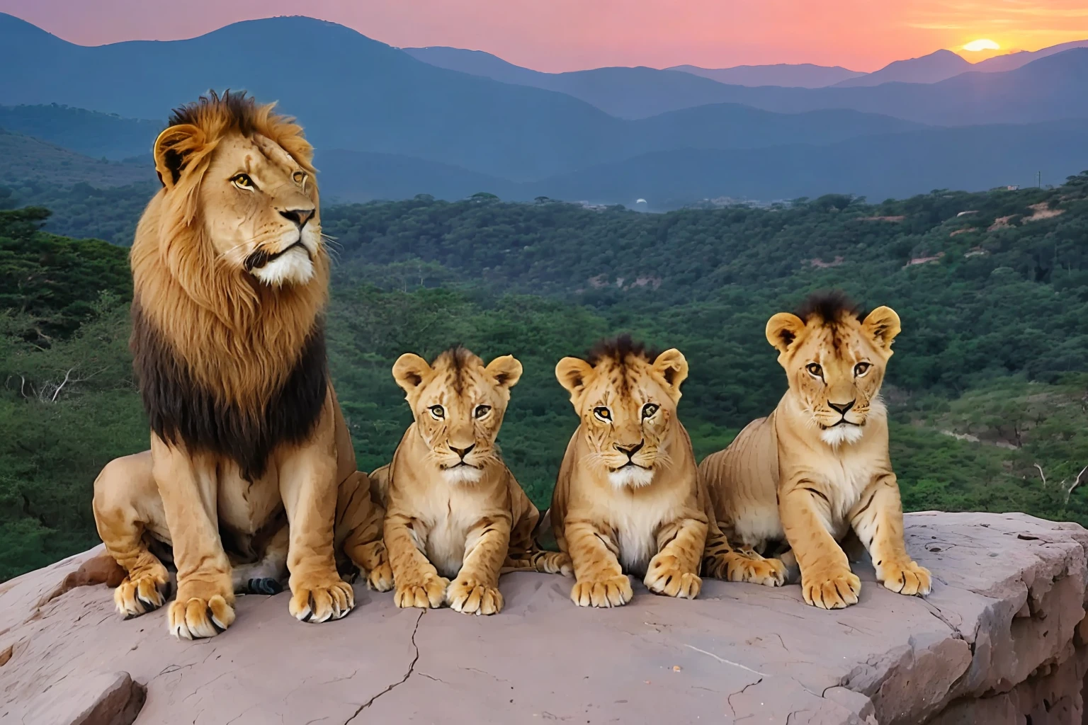 guttonerdreliberate1, (((a 3--old ))) wearing glasses, detailed and realistic face, ((a family of lions, male lion, female lioness)), (((cute cubs)). Scene on a rock, realistic, ultra detailed, reddish sky, sunset, real, professional photography, dslr