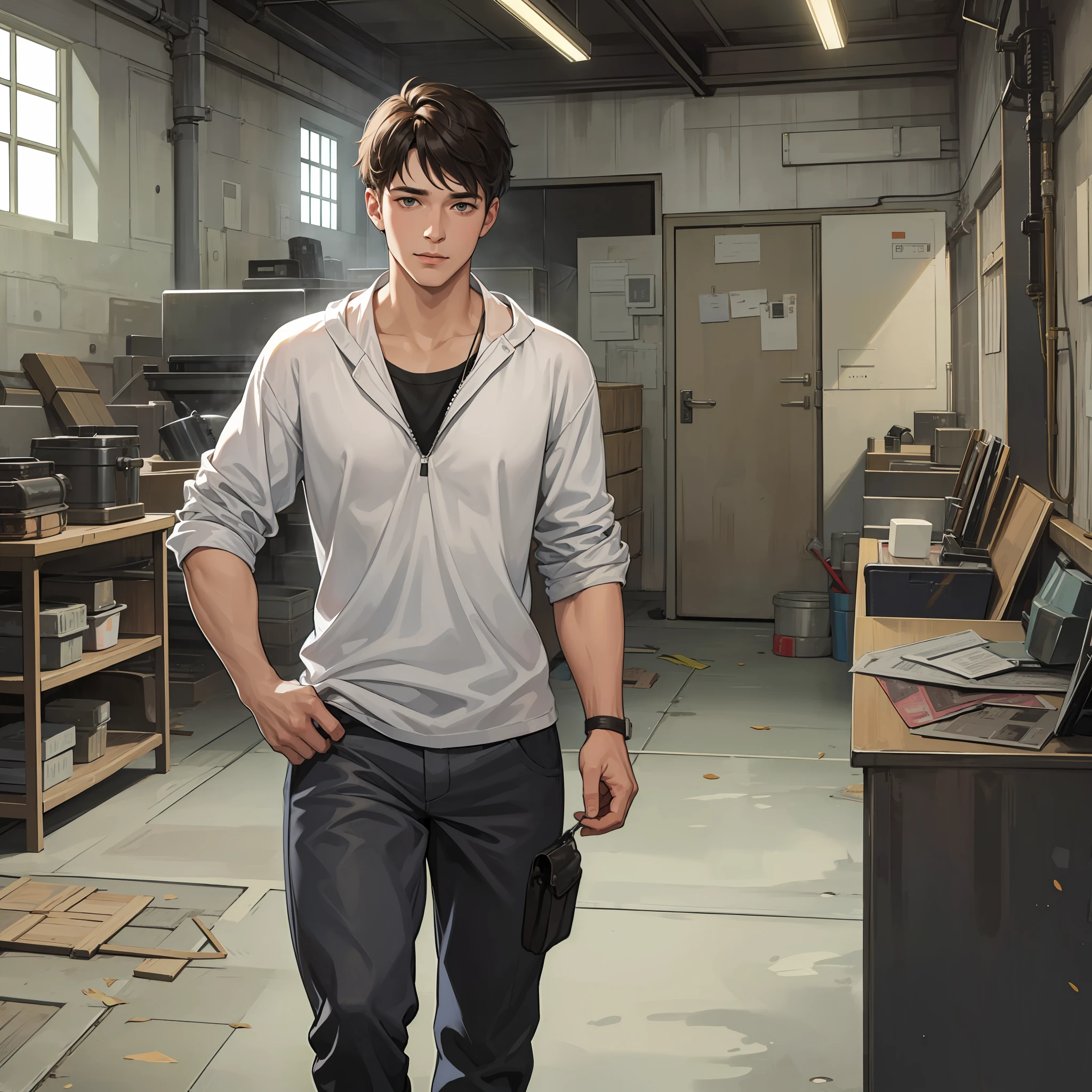 30-year-old man, ragged, working in a factory