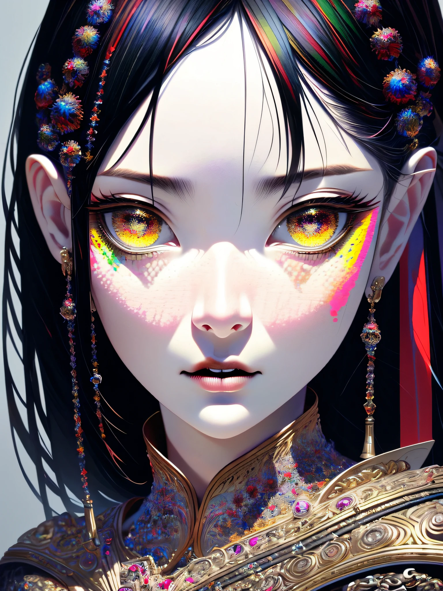 ((best quality)), ((masterpiece)), ((realistic)), woman, black hair, red eyes,  (colorful), intricate details, highly detailed, sharp focus, digital render, professional, 4k, artstation, artgerm,