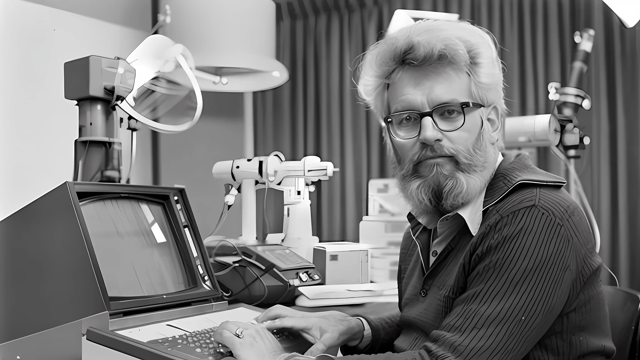 arafed man with glasses and a beard using a computer, 1 9 8 5 photograph, 1987 photograph, 1990 photograph, 1980 photo, gerard kravchuk, 1980s photo, 1 9 8 0 s photo, 1 9 7 5 photo, 1981 photograph, felix kelly