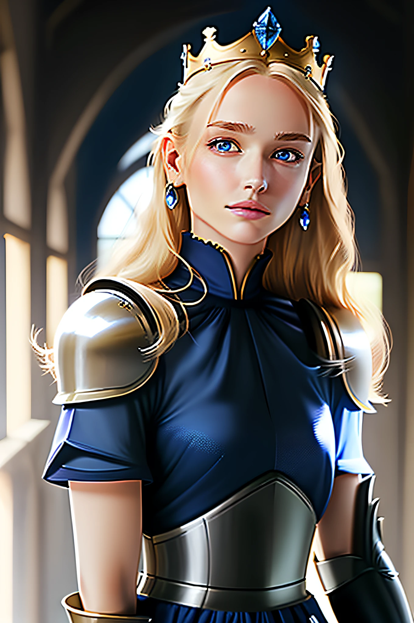 masterpiece,best quality,1girl, solo, blue eyes, blonde hair, long hair, armor, jewelry, looking at viewer, mole, upper body, earrings, parted lips, crown, gauntlets, gloves, shoulder armor, black gloves, medium breasts, bangs, lips, mole under eye