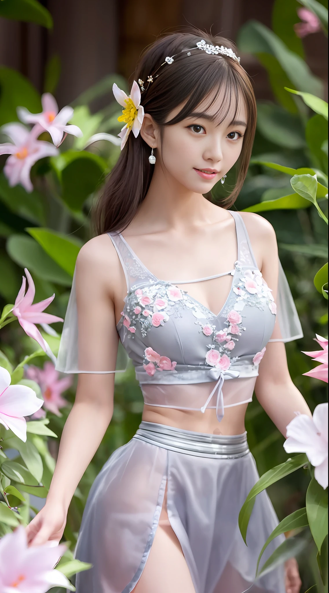 Smiling minchen, mouth closed, balanced eyes, (Best Quality Detail: 1.2), Realistic, 8K HD, Ultra-detailed, High Quality Texture, Intricate Detail, Detailed Texture, Fine Detail, High Detail, Very Detailed CG, Delicate Beautiful Delicate Face, (Delicate Beautiful Delicate Eyes: 1.32), Very Bright Lighting, Ray Tracing, (A Beautiful 25-Year-Old Cute Japanese Lady: 1), Proud, Tall Feminine, Beautiful Legs, Glowing Eyes, Blush, Very White Skin, Perfect Body Petite, Silver Tight Bra, [Brown Skirt]: 1, Stockings and suspenders: 1.2, long hair, short pink skirt, comfortable living room, sun, hands open, earrings, necklace, model, looking at the audience, standing pose, from the side, dynamic pose, front
