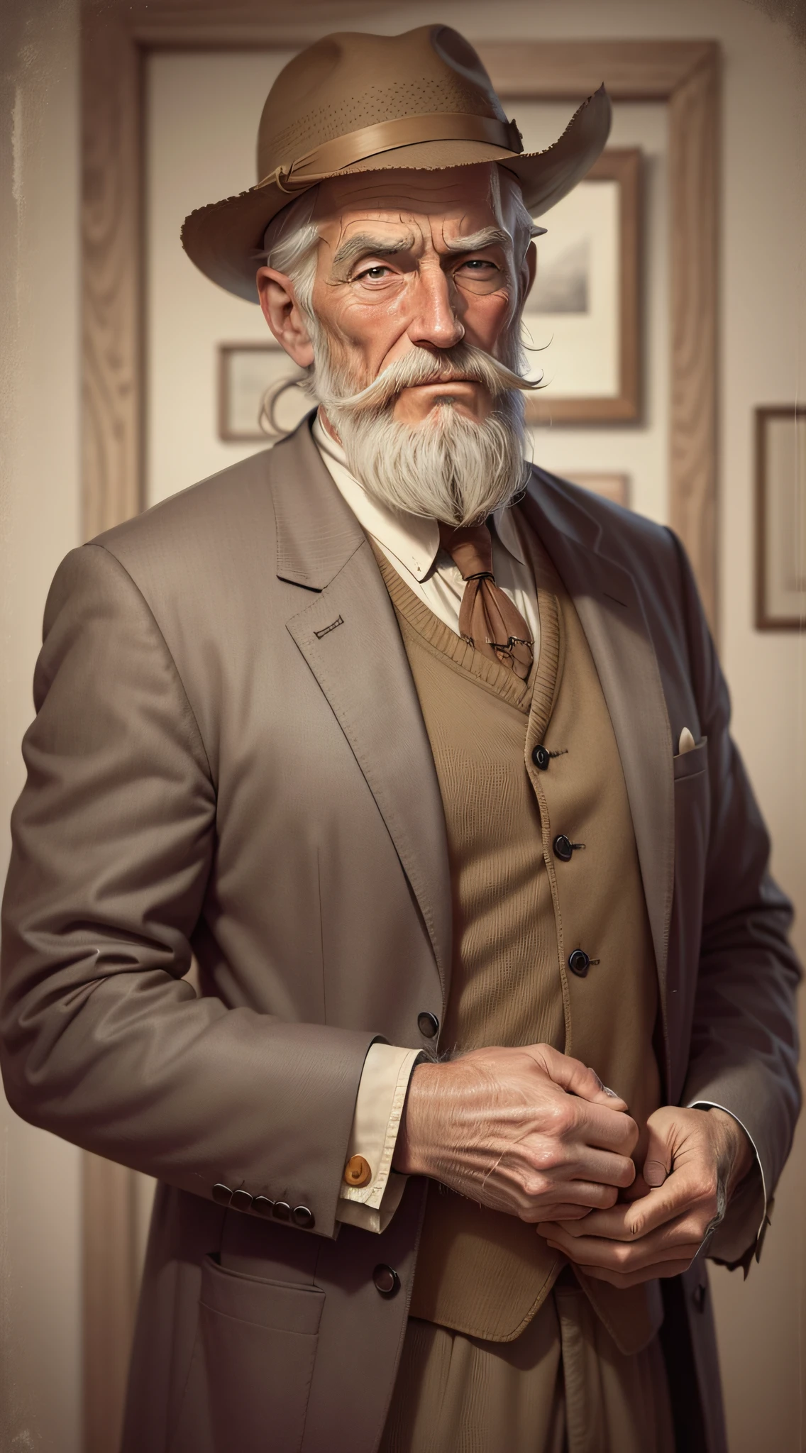 Old man old style old times, with beard, tall, with his hand in his pocket, realistic, facing image, with old clothes, in the framing of the image, super realistic, showing the whole body, detail-oriented