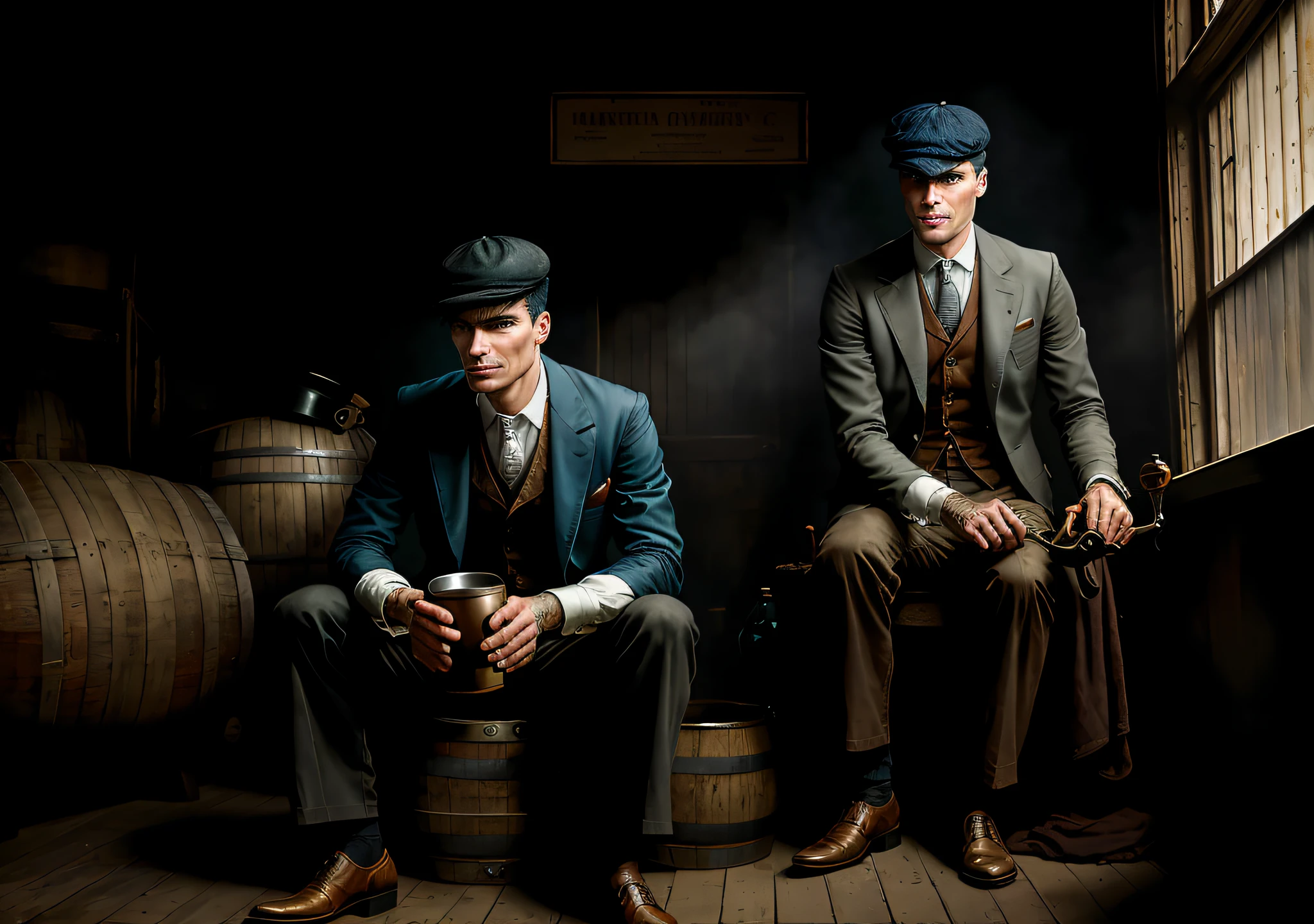 Thomas shelby sitting in the barrel old truck peaky blinders clear photo: realistic epic, smooth cinematic portrait, adobe lightroom, photographic lab, highly detailed, faded, art by greg rutkowski and artgerm ,neutral colors: 1,2), (hdr: 1,4) , (soft colors:1.2), hyperdetailed, (artstation:1.4), cinematic, warm lights, dramatic light, (intricate details:1.1), complex background, (rutkowski:0.66), (blue and orange:0.4), smiling, smiling men