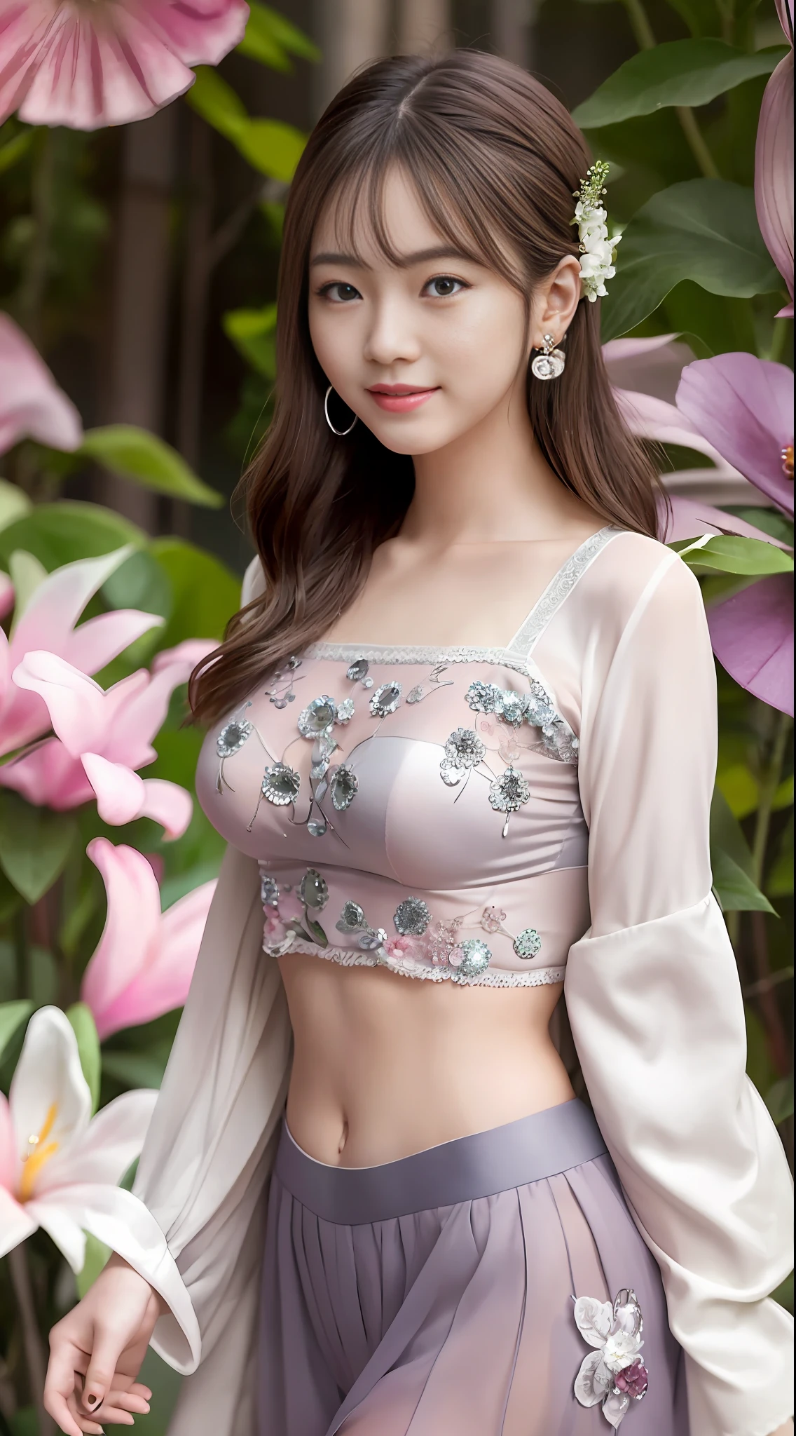Smiling minchen, mouth closed, balanced eyes, (Best Quality Detail: 1.2), Realistic, 8K HD, Ultra-detailed, High Quality Texture, Intricate Detail, Detailed Texture, Fine Detail, High Detail, Very Detailed CG, Delicate Beautiful Delicate Face, (Delicate Beautiful Delicate Eyes: 1.32), Very Bright Lighting, Ray Tracing, (A Beautiful 25-Year-Old Cute Japanese Lady: 1), Proud, Tall Feminine, Beautiful Legs, Glowing Eyes, Blush, Very White Skin, Perfect Body Petite, Silver Tight Bra, [Brown Skirt]: 1, Stockings and suspenders: 1.2, long hair, short pink skirt, comfortable living room, sun, hands open, earrings, necklace, model, looking at the audience, standing pose, from the side, dynamic pose, front