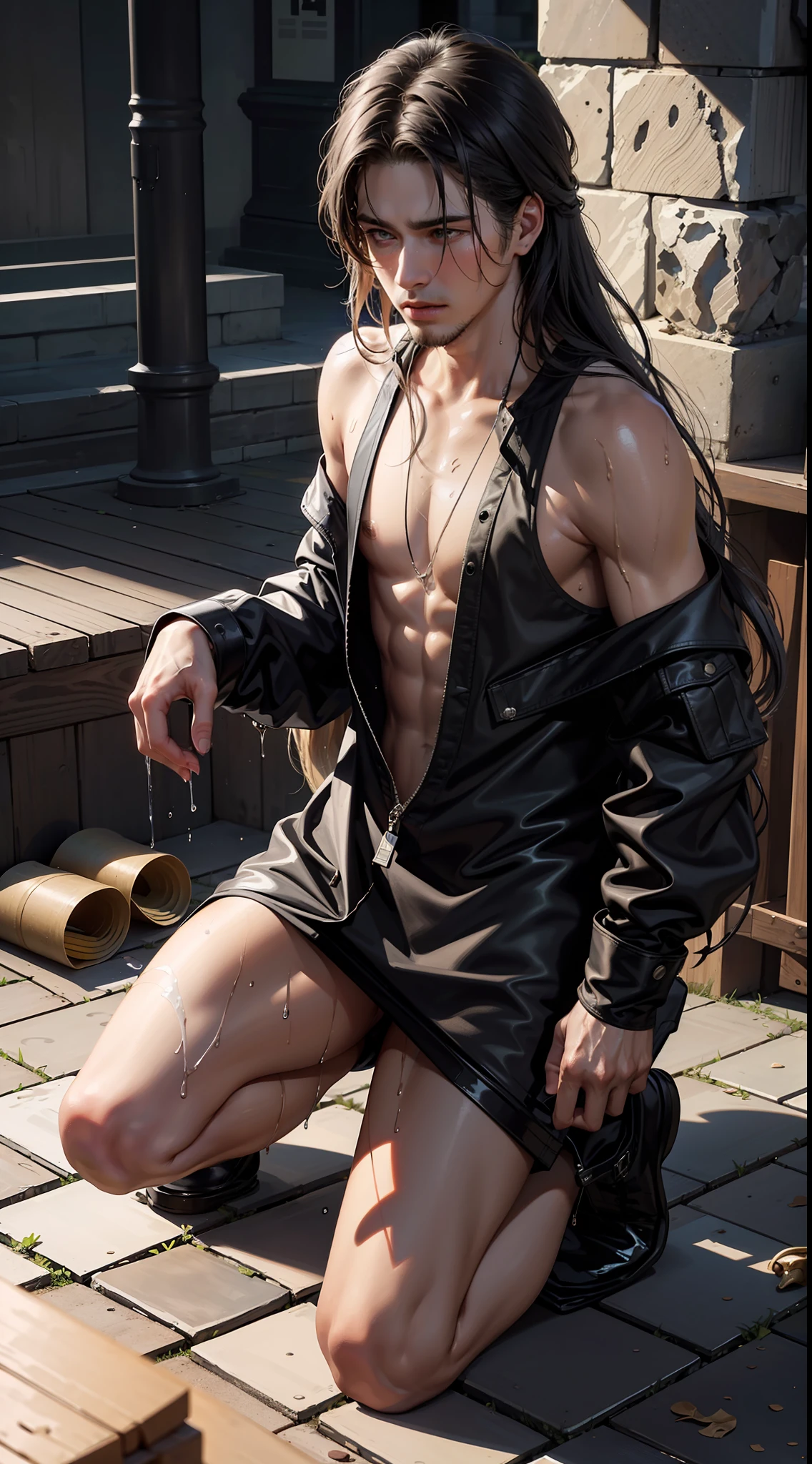 Best Quality, Masterpiece, Ultra High Resolution, (Fidelity: 1.4), Photos, 1 Handsome Long Hair (((Boy)))), Dim, Darkness, Lightning, Despair, Pathese, Movie, Tears, Teardrops, ((Men)), (Torn Clothes: 1.5), (Wet Clothes: 1.4), Kneeling on the Ground, Saving Yourself, Biting Lower Lip, Bare Shoulders, Real Rain, Wet Hair, (((Men)))