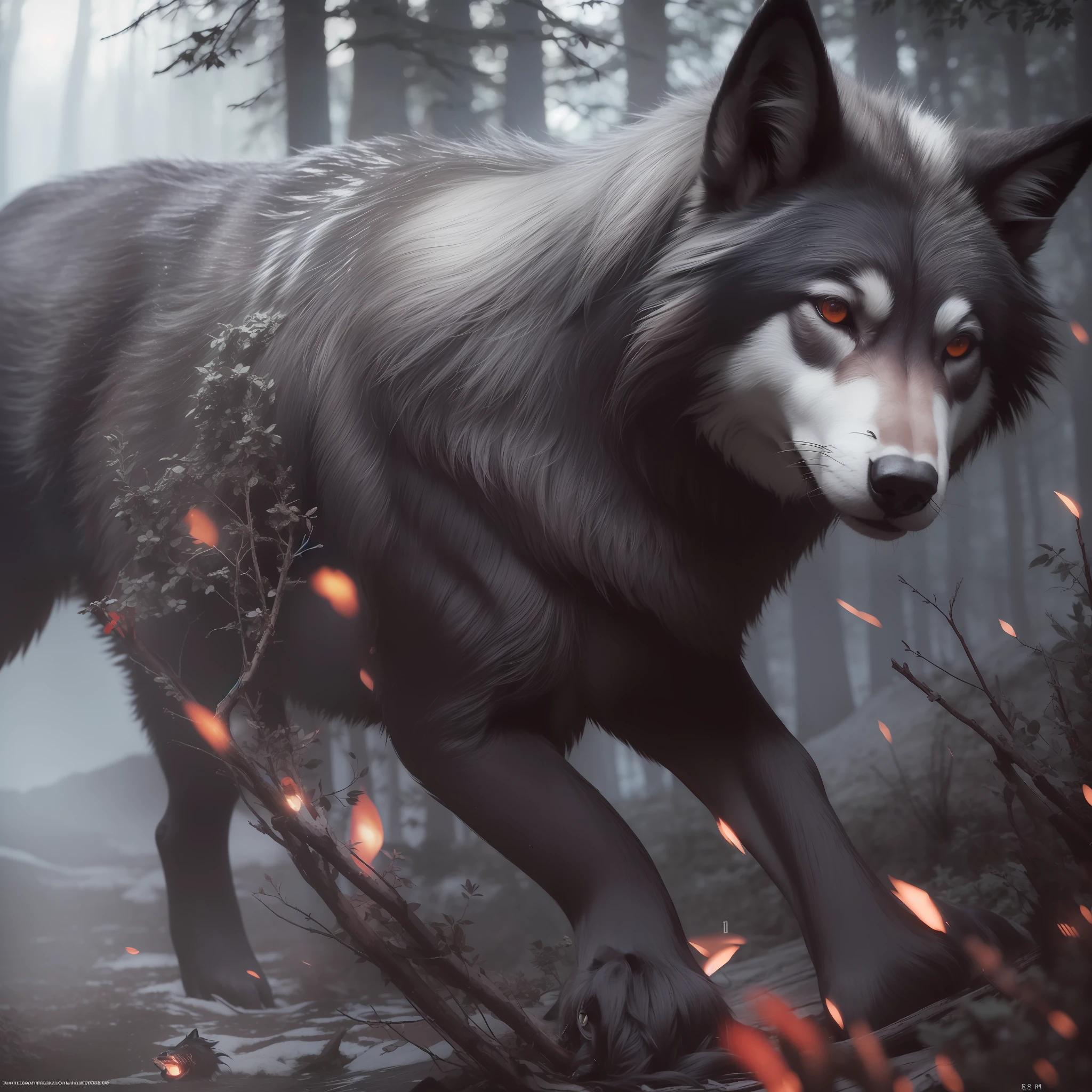 ((top quality, 8k, masterpiece: 1.3)), beauty, 1 wolf, black coat: 1.1, (in the forest, attack position: 1.2), ultra detailed wolf, highly detailed hair, detailed red eyes, sharp claws, summer