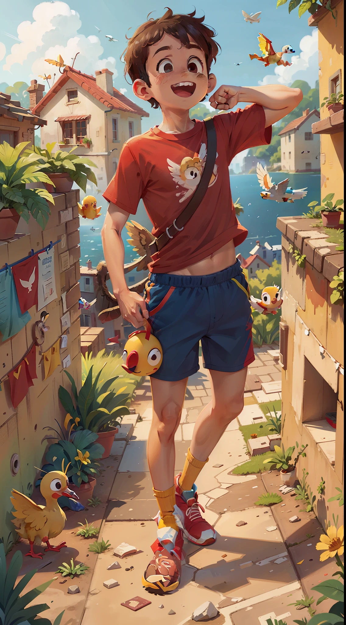 Pedro of 5 *****, in red shirt, blue shorts, yellow sneakers, happy, flies with wings attached to his arms, vision seen from top to bottom, a small town, the small sea, planes in the sky on the horizon, an animal duck of yellow color --v 6