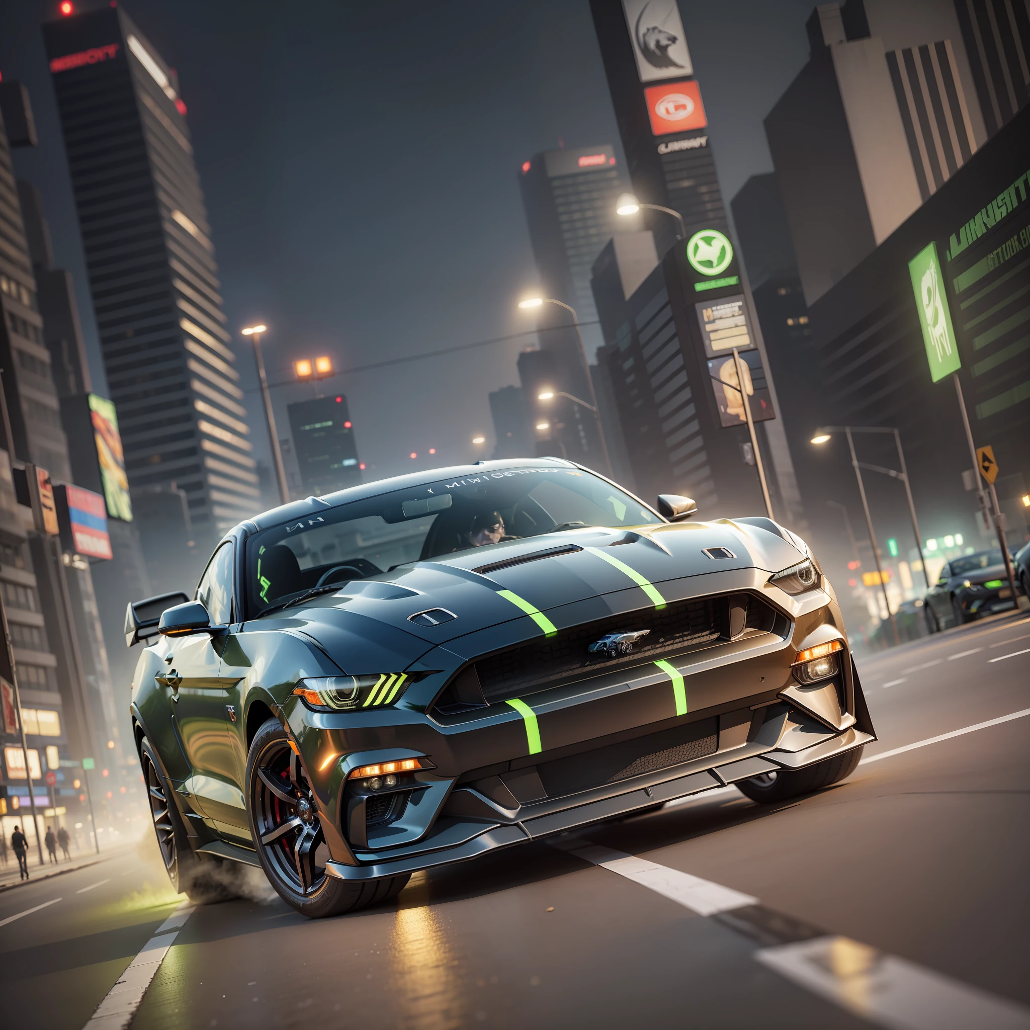 masterpiece, best quality, photo-realism, 3D rendering, black mustang car with green neon lights, nigh city scenary, lightcore, speed effect, blurry lights, UHD, 12k, Highly Resolution