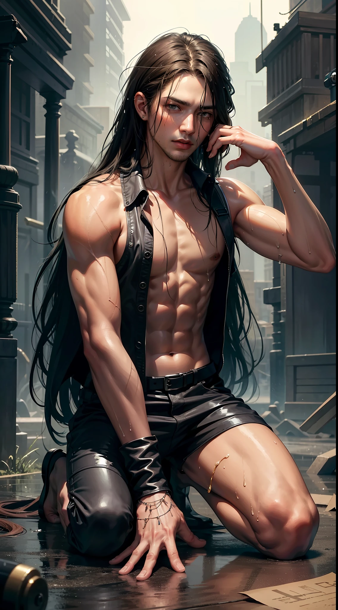 Best Quality, Masterpiece, Ultra High Resolution, (Fidelity: 1.4), Photos, 1 Handsome Long Hair (((Boy)))), Dim, Darkness, Lightning, Despair, Pathese, Movie, Tears, Teardrops, ((Men)), (Torn Clothes: 1.5), (Wet Clothes: 1.4), Kneeling on the Ground, Saving Yourself, Biting Lower Lip, Bare Shoulders, Real Rain, Wet Hair, (((Men)))