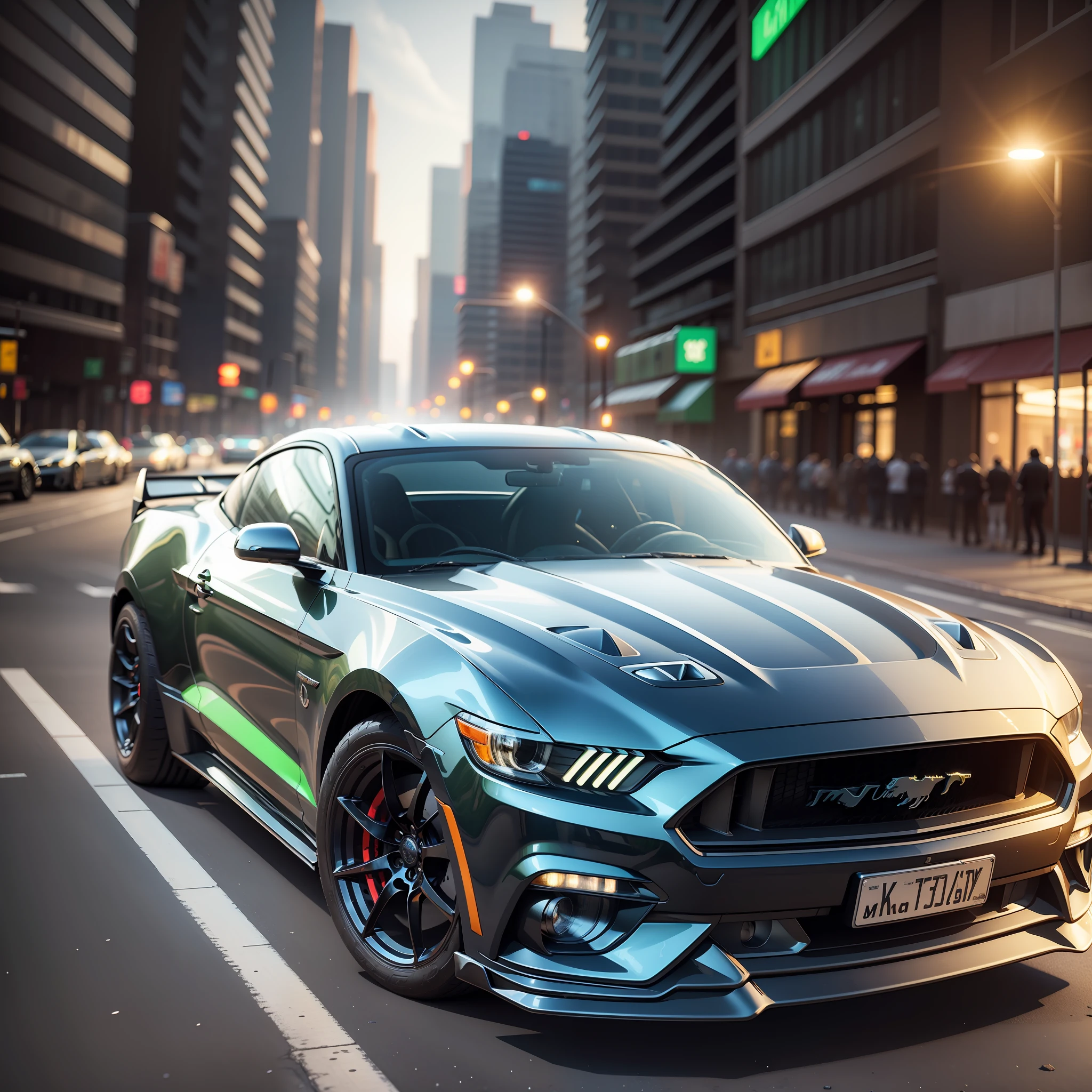 masterpiece, best quality, photo-realism, 3D rendering, black mustang car with green neon lights, nigh city scenary, lightcore, speed effect, blurry lights, UHD, 12k, Highly Resolution