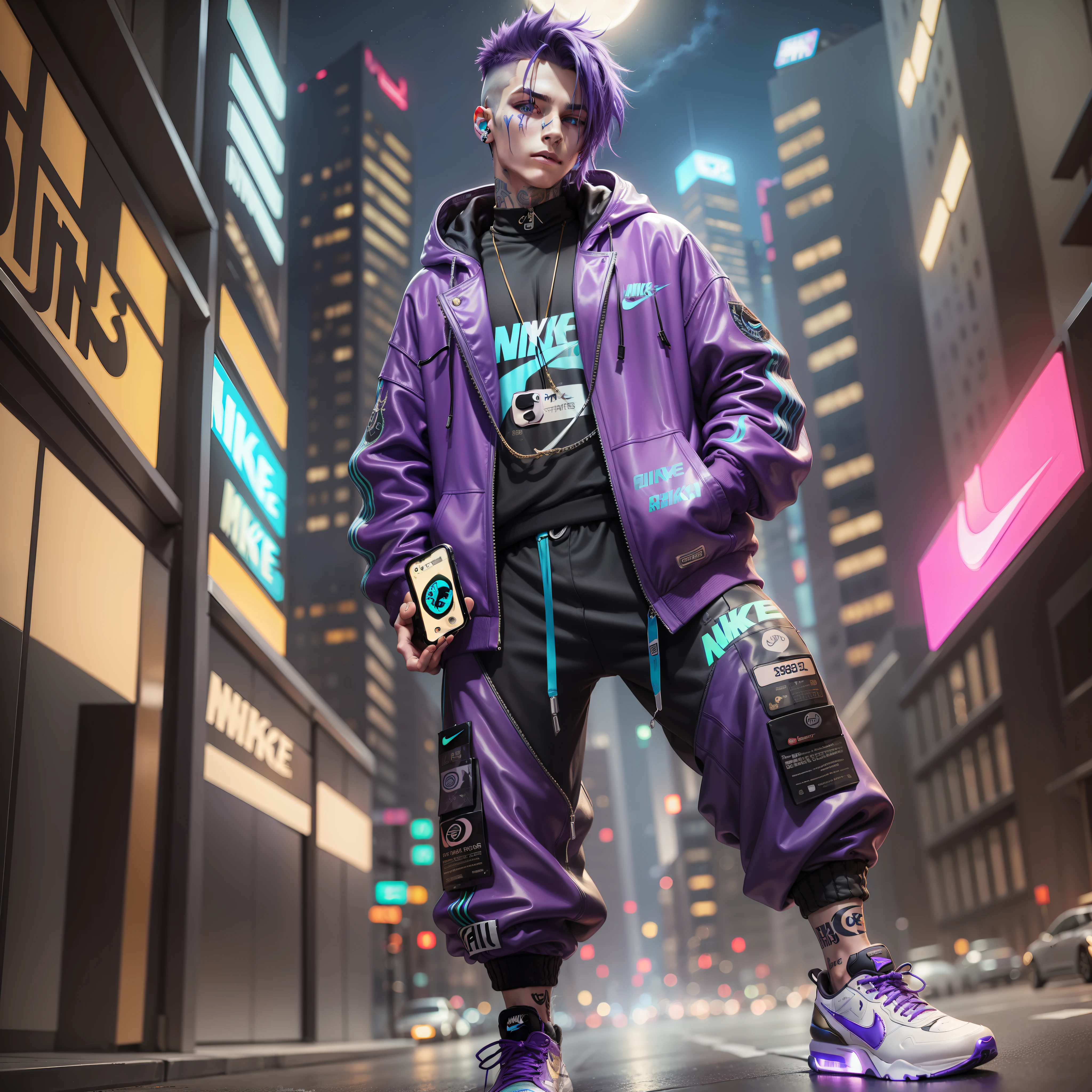 Man 18 years, (((with iphone))) purple hair, blue eyes, tattoo ,, gold cord, nike jacket,nike pants, nike sneakers, cyberpunk city,8k,realistic, moon, stars, night, well detailed