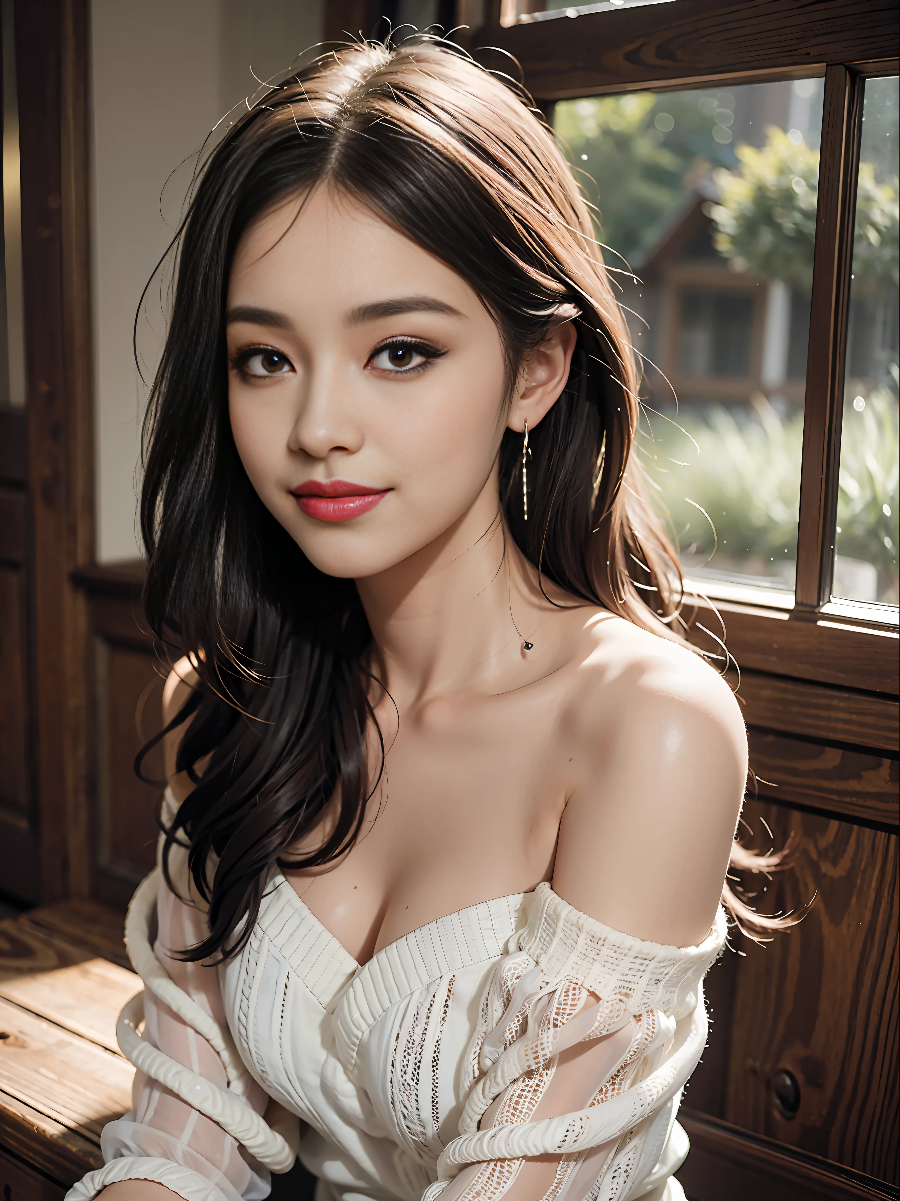 best quality, masterpiece, ultra high res, photorealistic, 1girl, offshoulder, smile