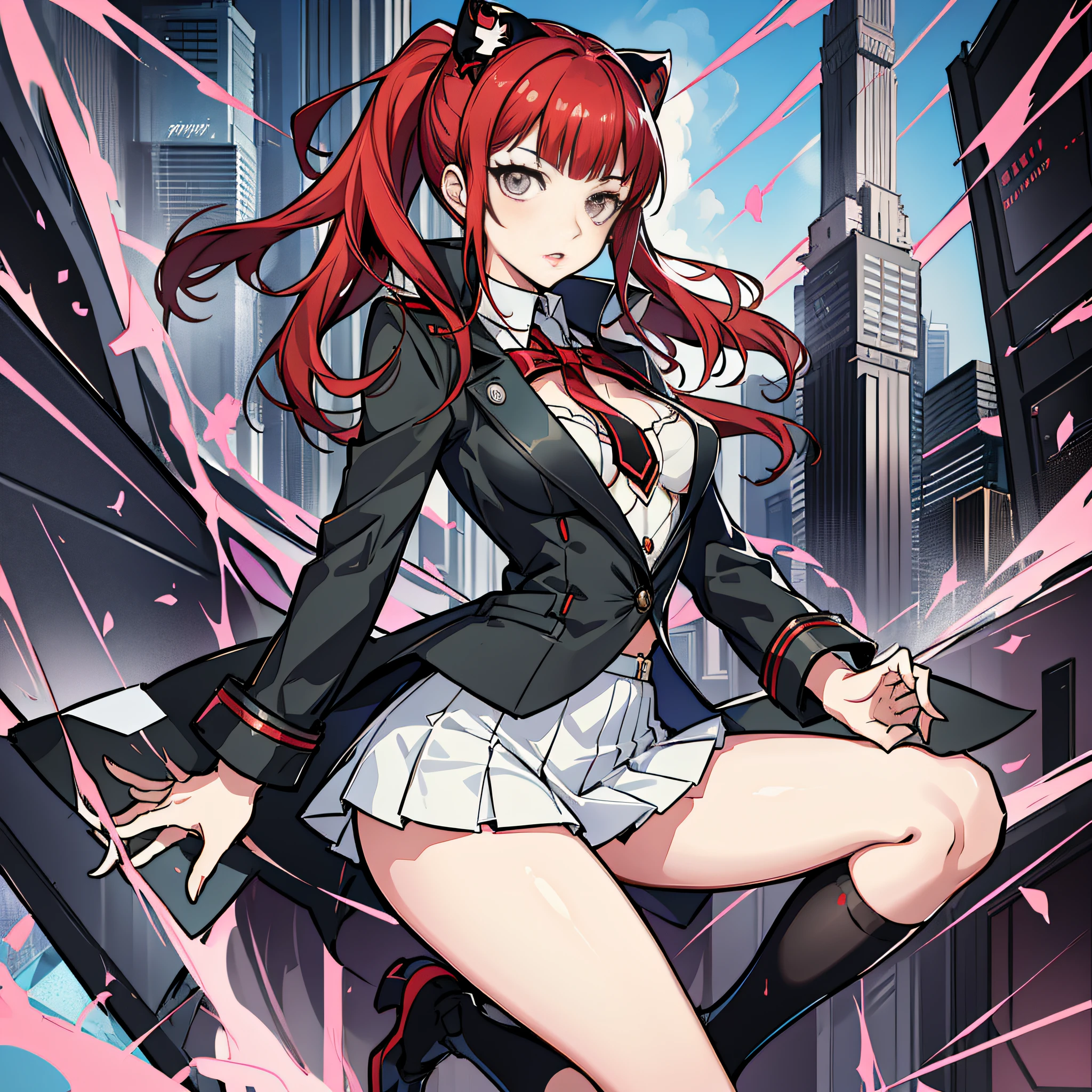 Persona 5 Art Style wlop, Persona 5 Art Style, Persona 5 Style, Kasumi Yoshizawa, Girl in Uniform, Full Body, High Quality, 8K, Uniform with Open Chest, Ponytail, Small Breasts, Bangs, Smooth Thighs, Patsun, Top Quality, 8K, Ultra High Definition, Fine Eyes, Slender Legs,