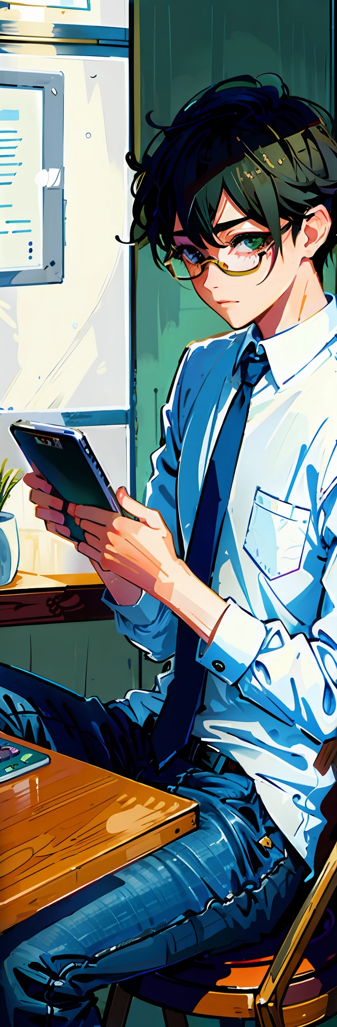 anime man sitting at a table with a tablet computer in his lap, looking at his phone, digital anime illustration, lo-fi illustration style, he is holding a smartphone, digital comic, digitally enhanced, avatar image, stylized digital illustration, style of makoto shinkai, daily life, detailed digital illustration, pixiv daily ranking, digital manga, mobile wallpaper