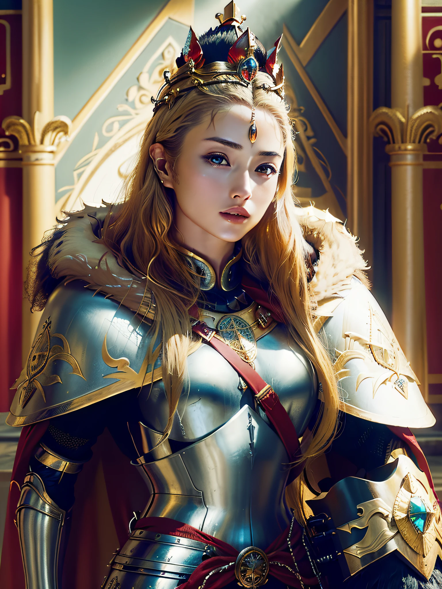 (masterpiece, top quality, best quality, official art, beautiful and aesthetic:1.2), (1girl), (warrior queen armor, fur-lined cape, jeweled crown:1.2),serious