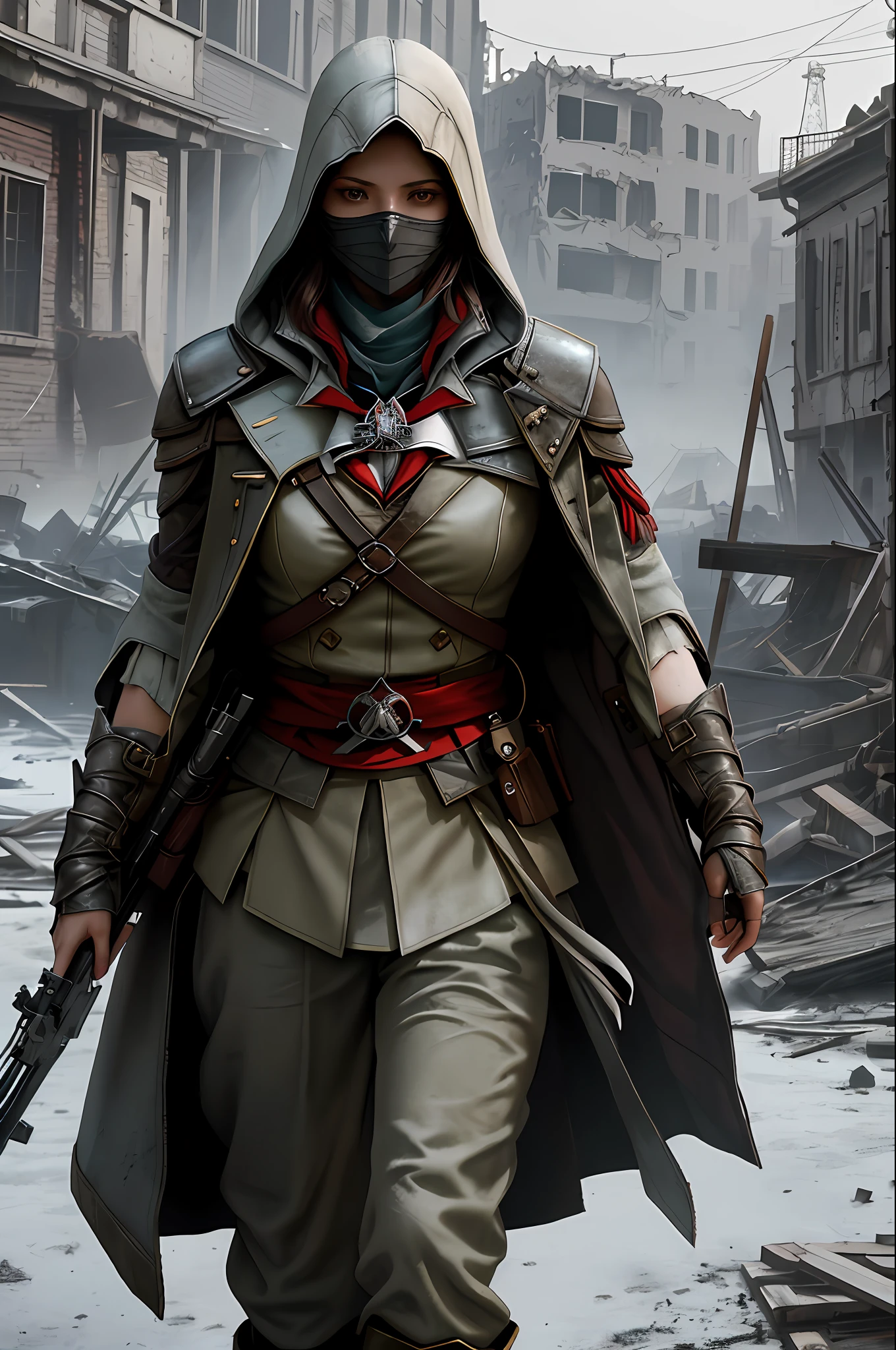 Create a compelling Assassin’s Creed Concept Art piece inspired by the WW2 era, crafted in the style of ultra-realistic visuals with meticulous attention to detail. Portray a young and captivating European girl adorned in a worn US military uniform, her face obscured by a hood. Set the scene amidst the haunting aftermath of a battlefield, showcasing the devastation and destruction left in the wake of war. Emphasize the realism and intricacy of the environment, capturing the gritty textures, shattered structures, and somber atmosphere in stunning 8K resolution.