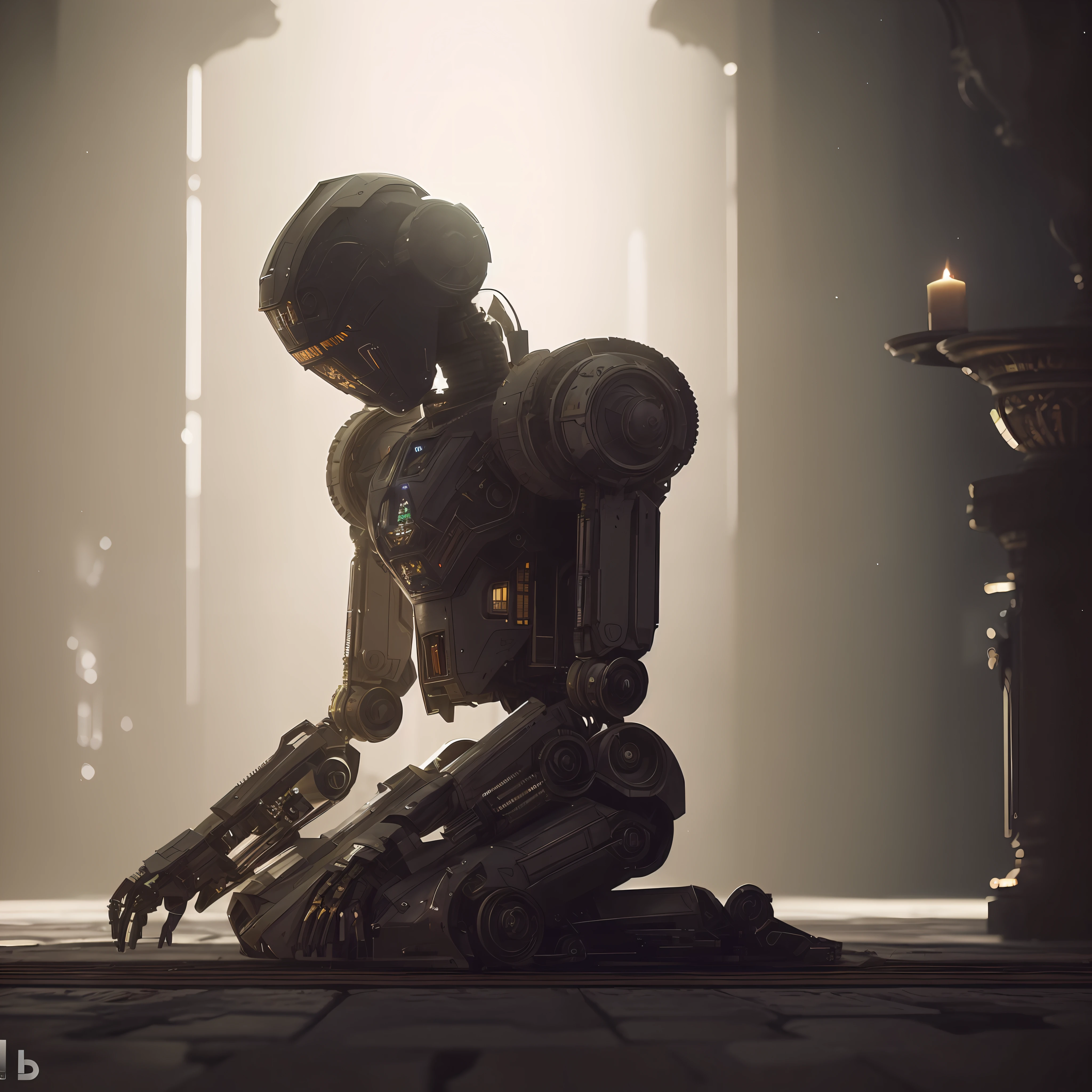 There is a robot huddled on the floor of a cathedral in front of candles, Unreal 5 Engine Highlly render, Unreal Engine 5 dramatic render, cinematic 3D render, Unreal 5 render, CGSesociety, 8K, CGSisociety, 8K, CGSivention 8K, detailed Unreal Engine 5 render, Unreal 5 Engine render, CGSsociety, CGSsociety, winner of the CGSsociety contest, detailed cinematic rendering, in the background a cathedral,  blurry background