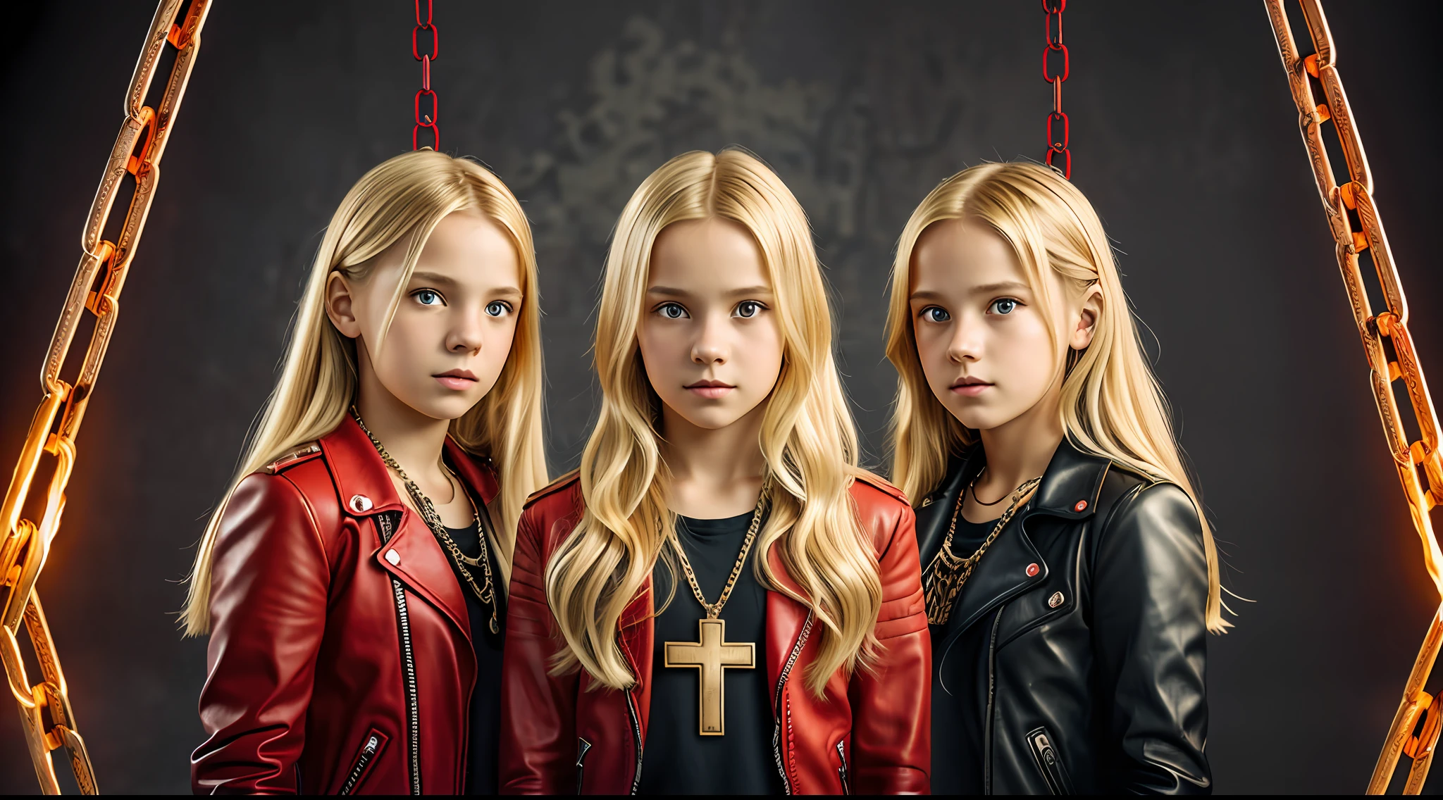 A half body, portrait of 3 girls German children long blonde hair of , red leather jackets, holding in their hands a cross, background of chains, chain, more chains, many chains, , red, red fire, many background flames.