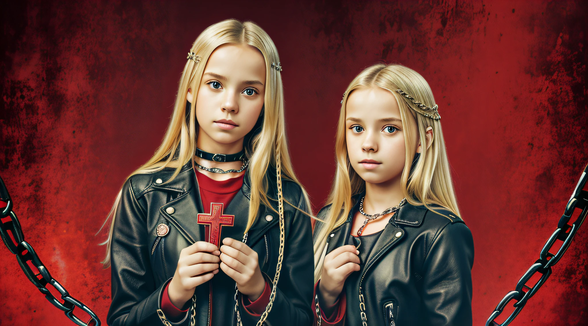 A half body, portrait of 3 girls German children long blonde hair of 12 years, red leather jackets, holding in their hands a cross, background of chains, chain, more chains, many chains, , red, red fire, many background flames.