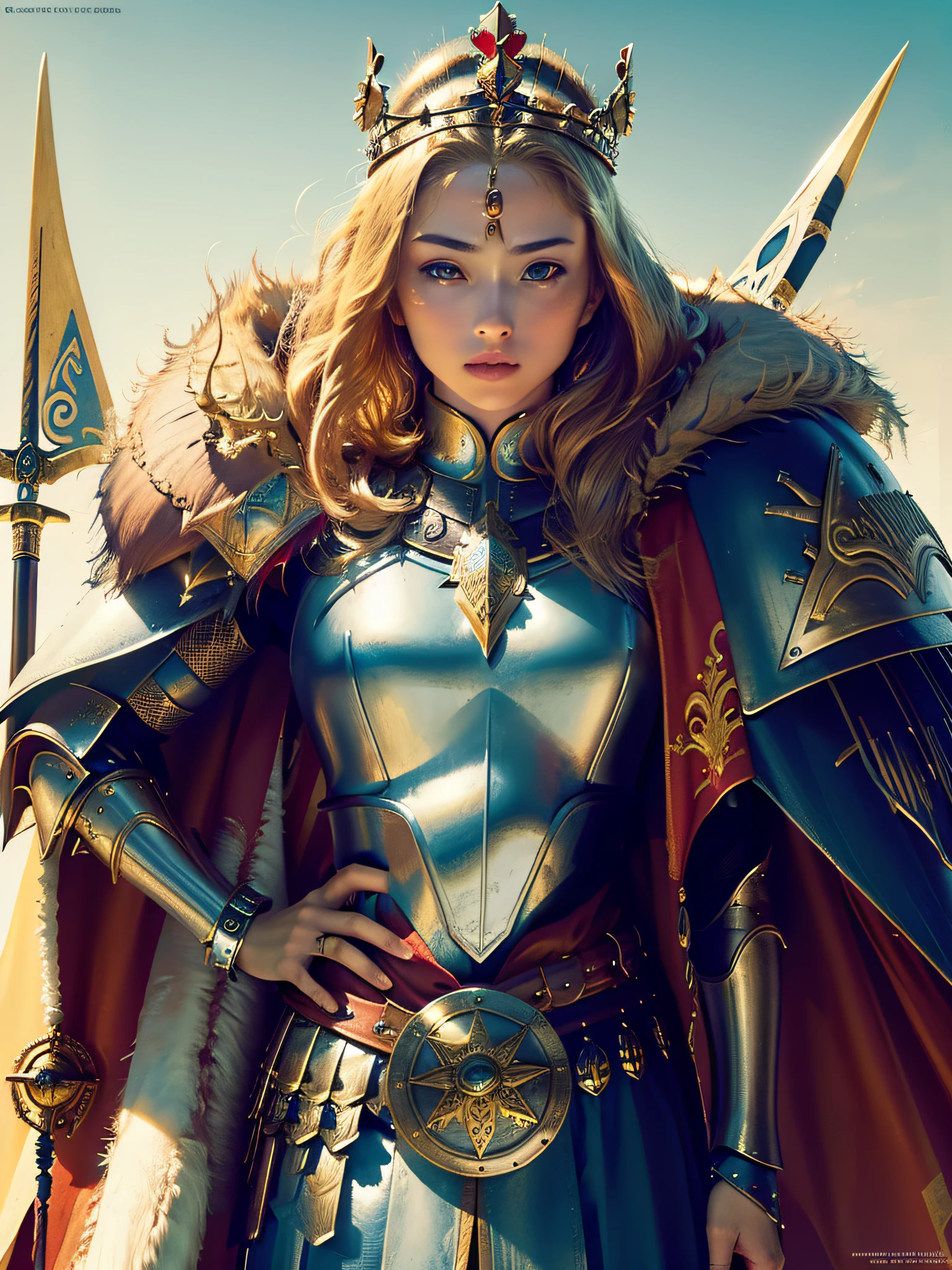 (masterpiece, top quality, best quality, official art, beautiful and aesthetic:1.2), (1girl), (warrior queen armor, fur-lined cape, jeweled crown:1.2),serious