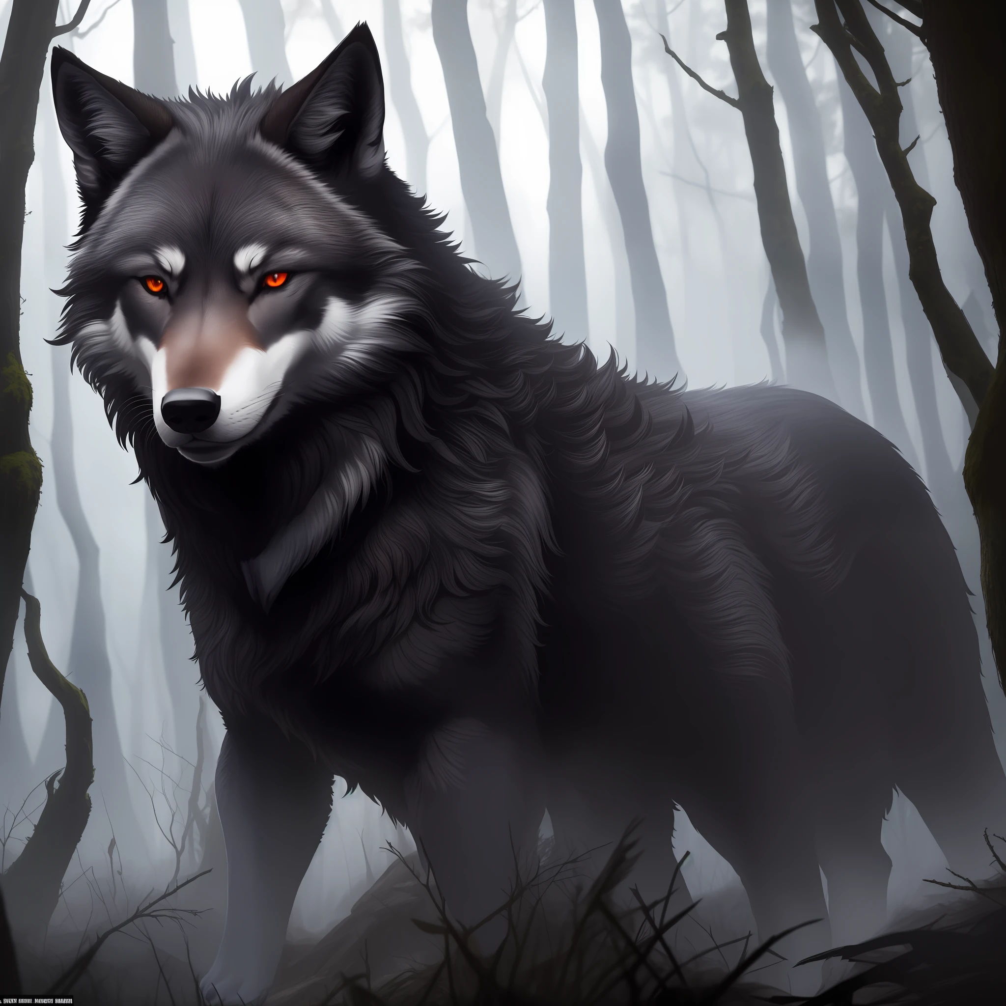 ((top quality, 8k, masterpiece: 1.3)), beauty, 1 wolf, highly black coat (in the forest, attack position), ultra detailed wolf, highly detailed hair, extremely red eyes highly detailed, sharp claws, summer
