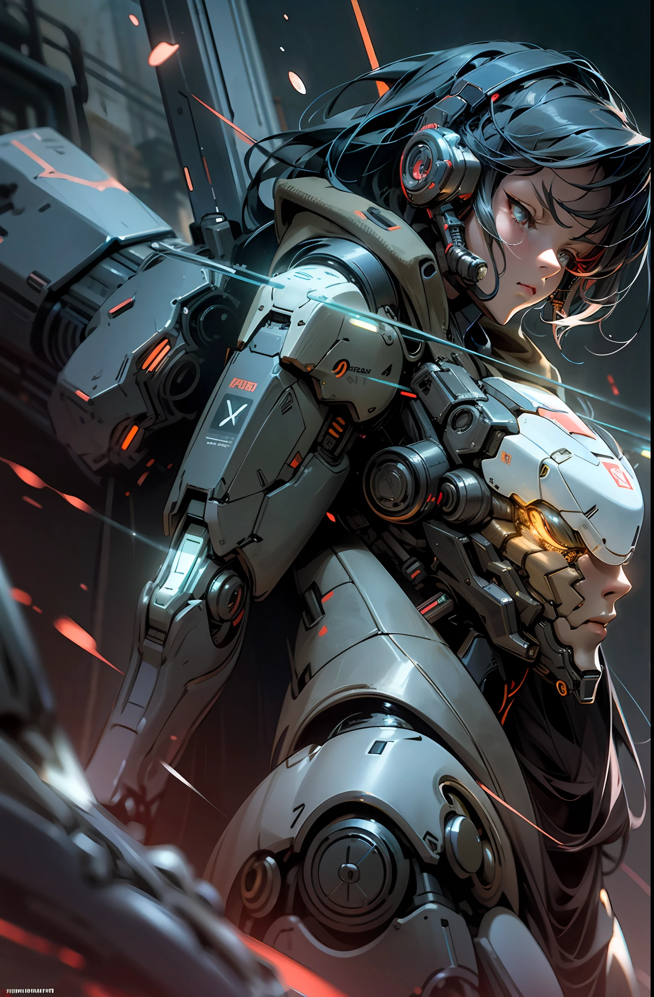 Dark_Fantasy,Cyberpunk, (black:1.1), close-up of 1 female Mecha,Robotic presence,Cybernetic guardian, plasma rifle,cyberpunk street background, cinematic lighting, dark shadows