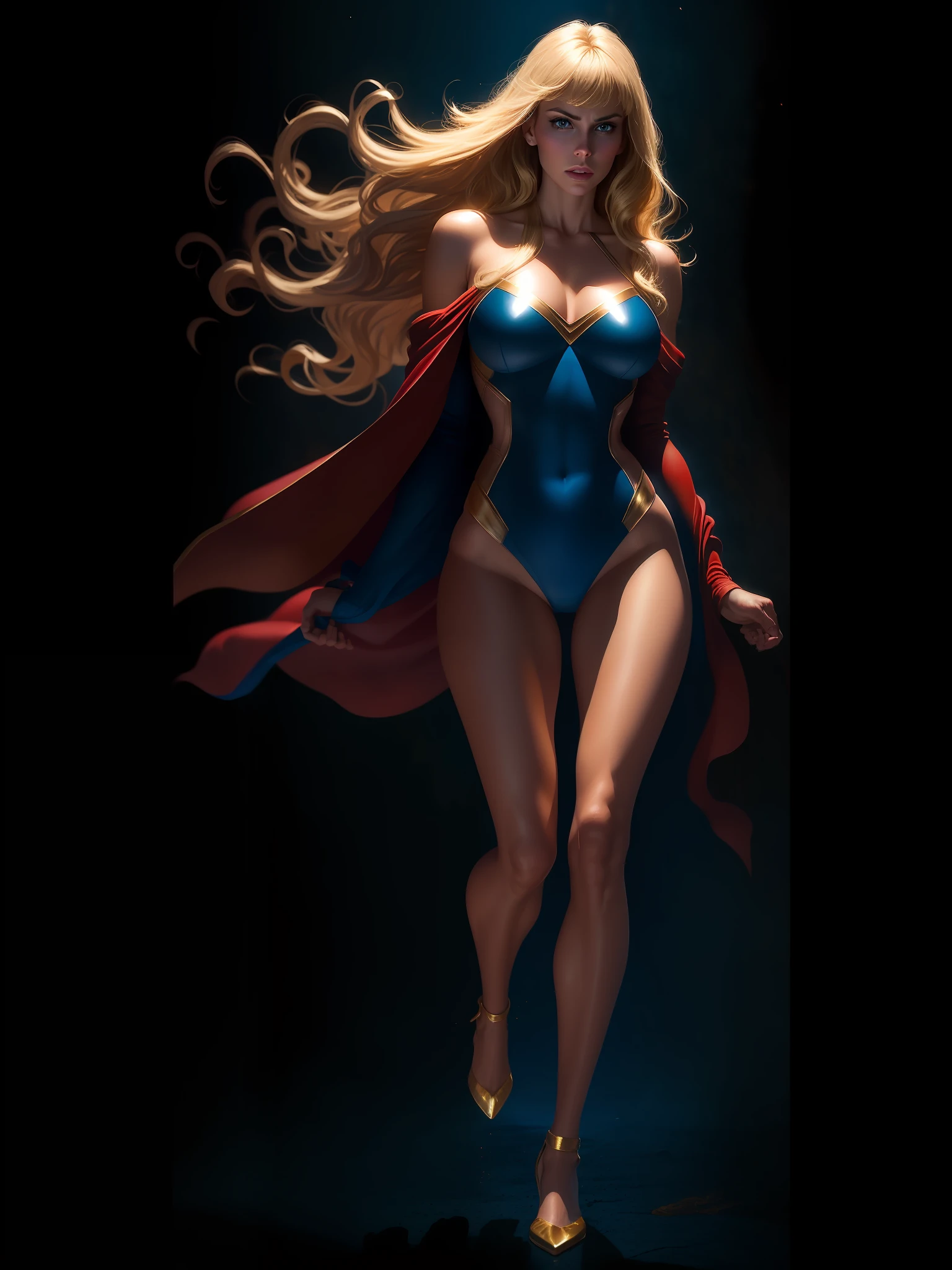 Movie scene, dark, mid-length close-up [Nicole Aniston], blonde hair, movie scene, cowboy shot, beautiful woman, blonde, long hair, bangs hair, strong, beautiful, super girl DC comics, blue and red swimsuit, mini skirt, red and gold robe, energy, action, impactful, floating in the air, down, night energy