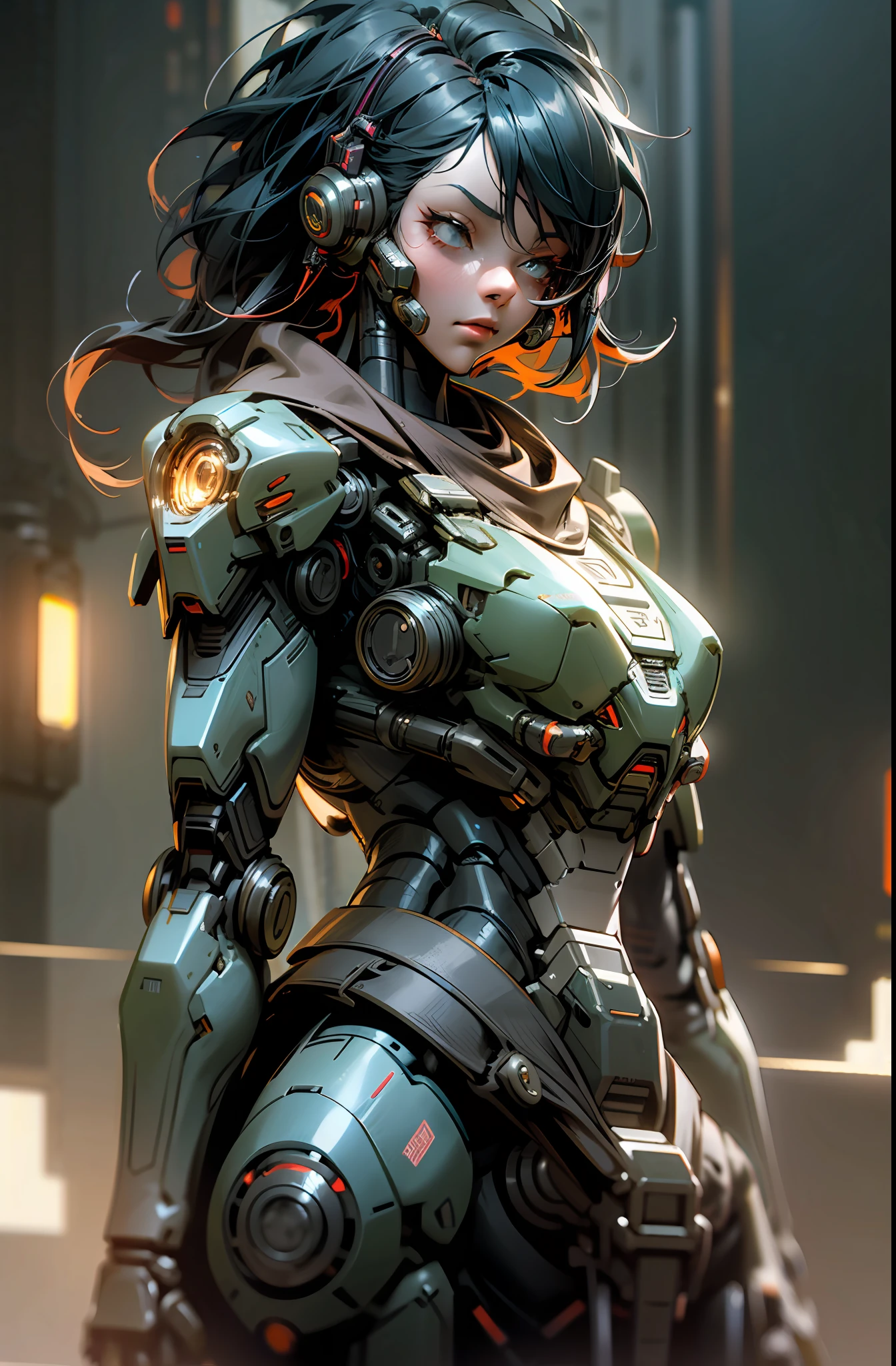 Dark_Fantasy,Cyberpunk, (black:1.1), close-up of 1 female Mecha,Robotic presence,Cybernetic guardian, plasma rifle,cyberpunk street background, cinematic lighting, dark shadows