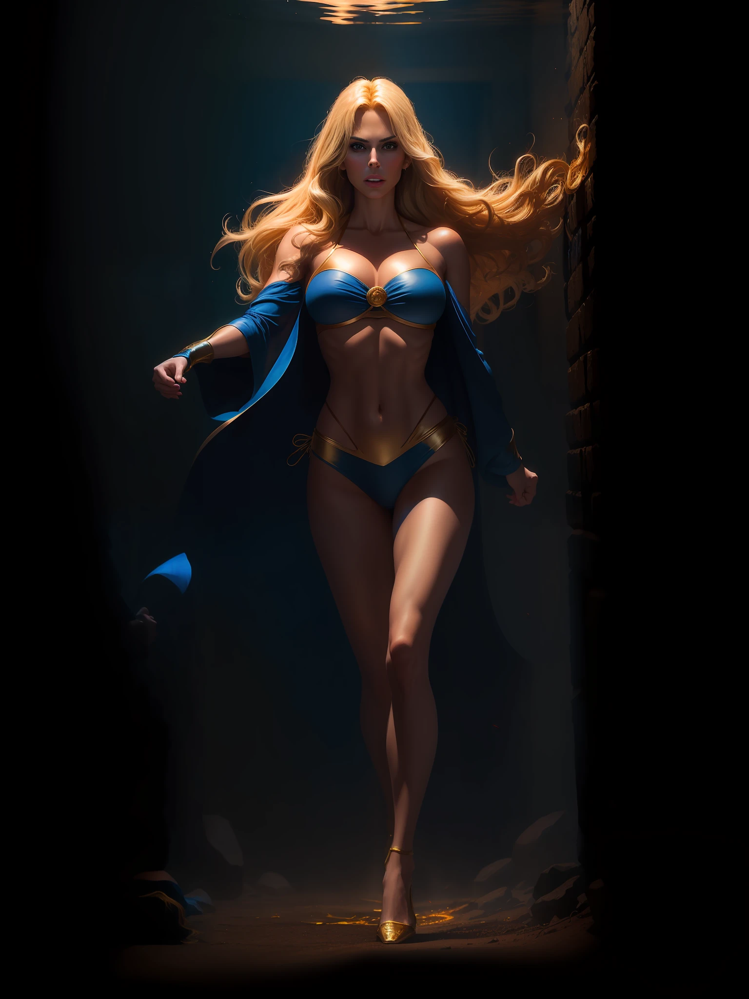 Movie scene, dark, mid-length close-up [Nicole Aniston], blonde hair, movie scene, cowboy shot, beautiful woman, blonde, long hair, bangs hair, strong, beautiful, super girl DC comics, blue and red swimsuit, mini skirt, red and gold robe, energy, action, impactful, floating in the air, down, night energy