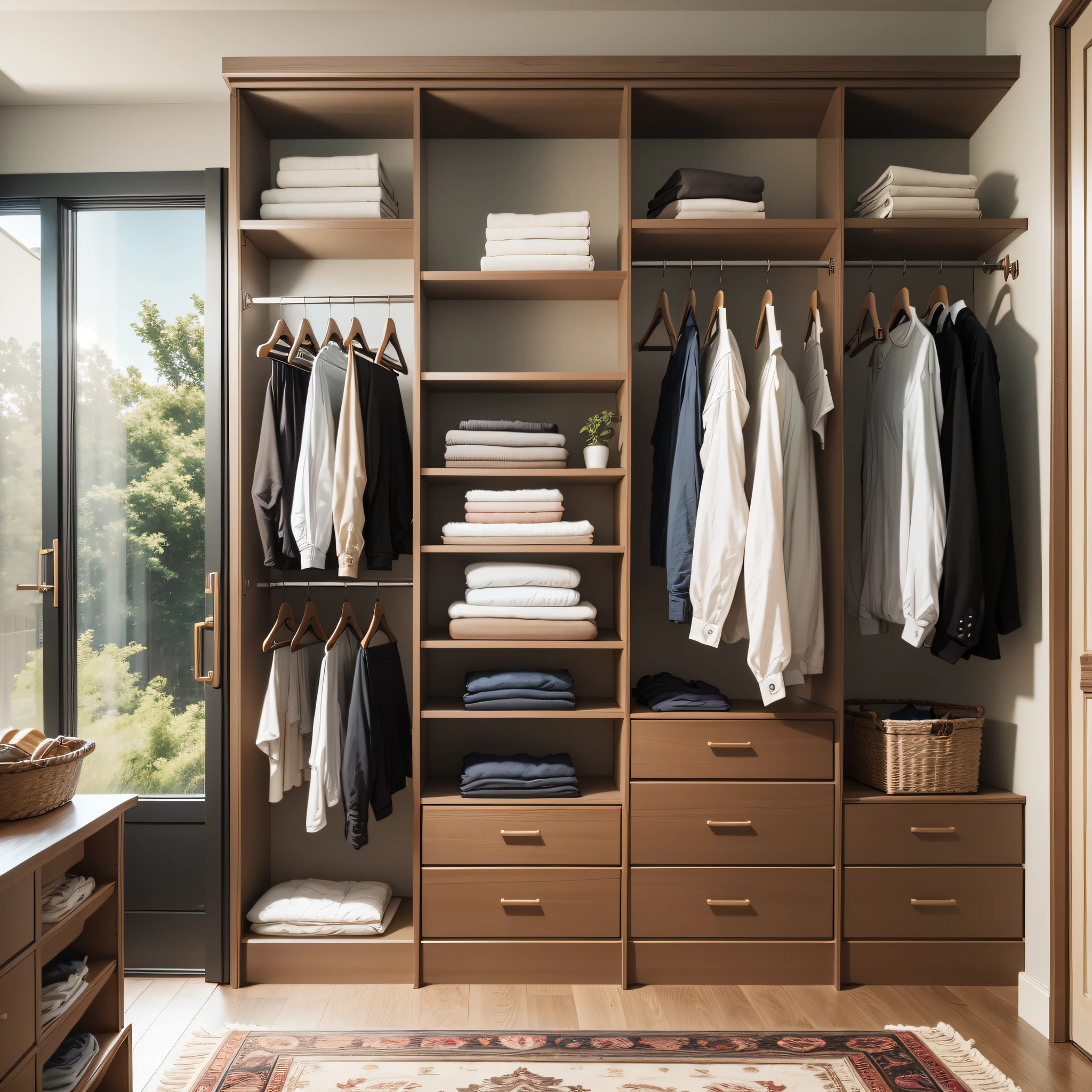 joinery closet, with open niches, variety of clothes, realistic style, sunlight entrance window, dark wood, crown molding, minimalist architecture --auto --s2