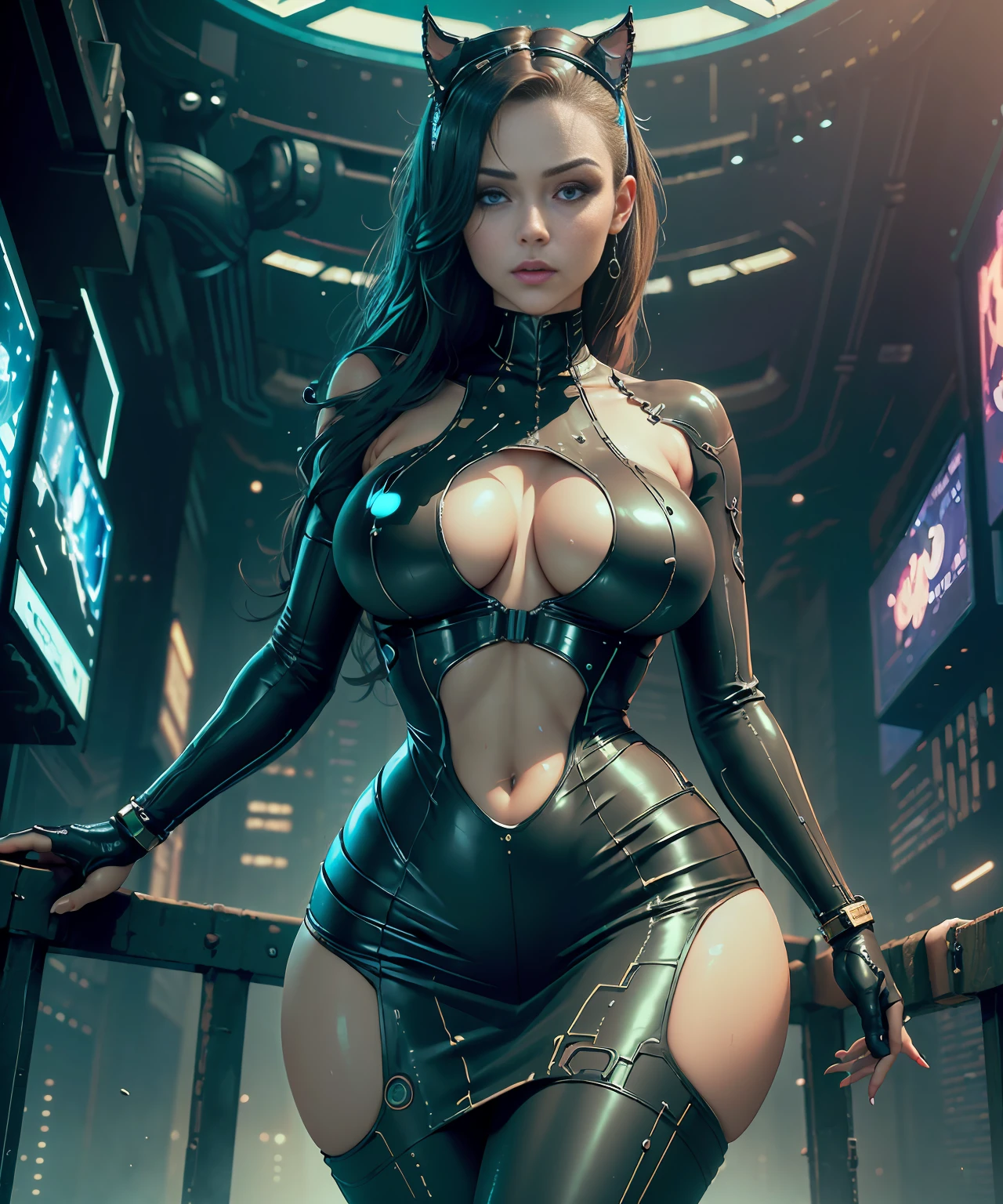((Best Quality)), ((Masterpiece)), (Detailed: 1.4), 3D, cyberpunk, beautiful woman with big breasts, thick hips, dressed in extremely sexy cosplay of Catwoman, latex mini skirt, white wet panties, detailed fingers, beautiful eyes, detailed eyes, beautiful fingers