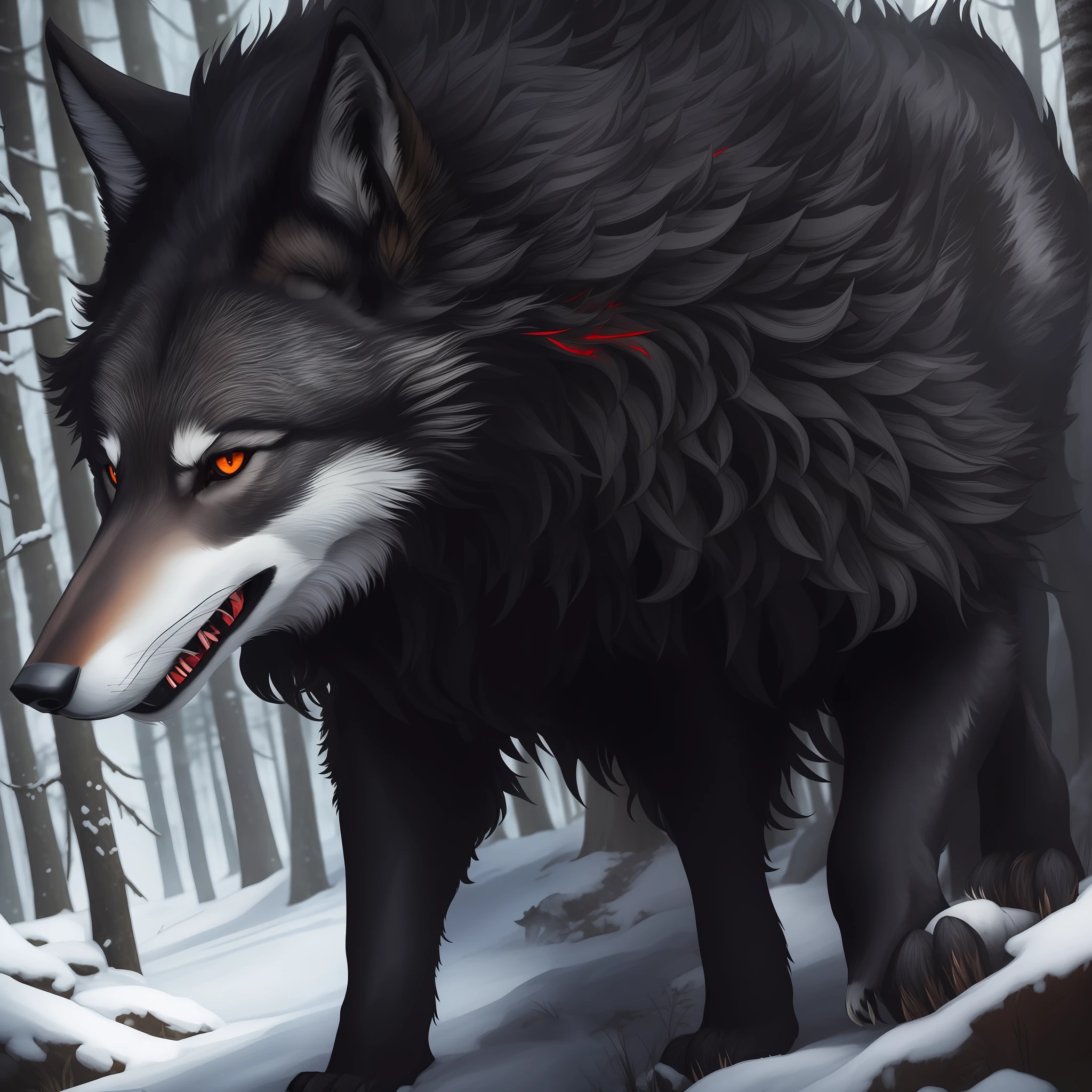 ((top quality, masterpiece)), beauty, 1 wolf, highly black coat (in the forest, attack position), ultra detailed wolf, highly detailed hair, extremely red eyes highly detailed, sharp claws, summer