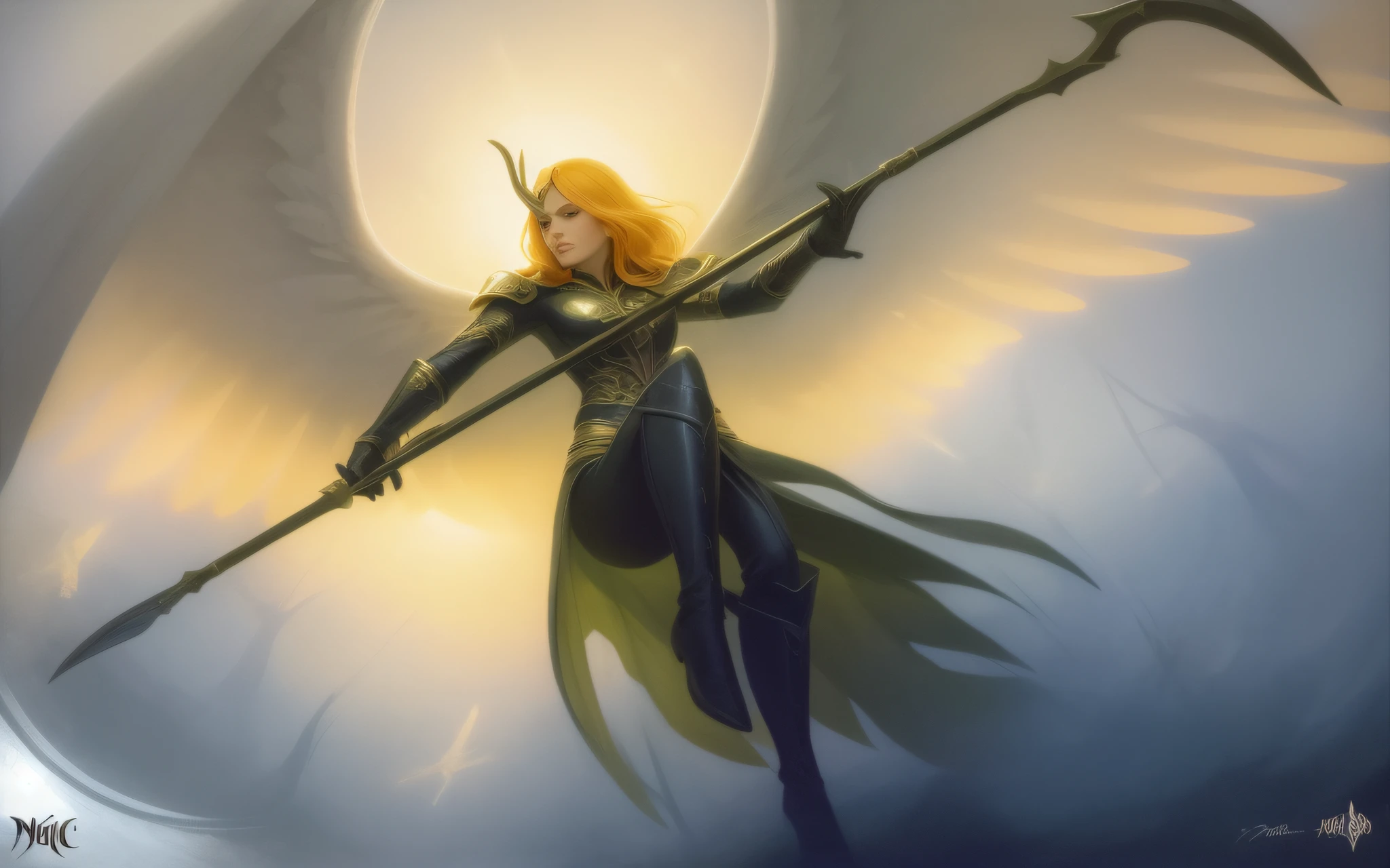 painting of a woman with a sickle and sickle in hand, magic the art of collecting, magic : the art of meeting, archfey, mtg art, magic the art of reunion, winged archer, magic the art of reunion card, magic the concept art of meeting, thopter of magic the encounter, of magic the encounter, an angel of the light of dawn, magic the ghatering