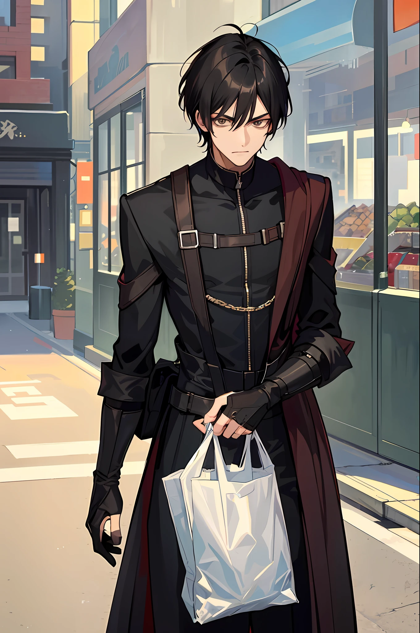 (Best Quality: 1.4) (Masterpiece: 1.4), very short black hair, ung adult male, black mercenary clothes, holding a supermarket bag, calm square environment, sadistic and ironic look, very clear dark brown eyes, anti hero, causality.