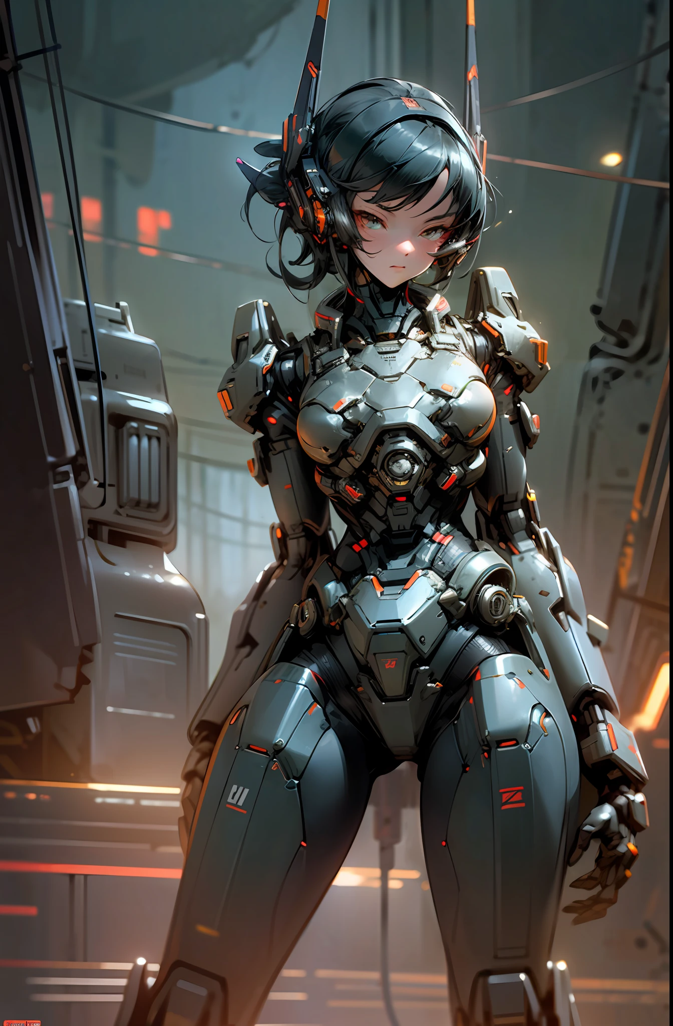 Dark_Fantasy,Cyberpunk, (black:1.1), close-up of 1 female Mecha,Robotic presence,Cybernetic guardian, (((facing camera pose))), looking at camera, plasma rifle,cyberpunk street background, cinematic lighting, dark shadows