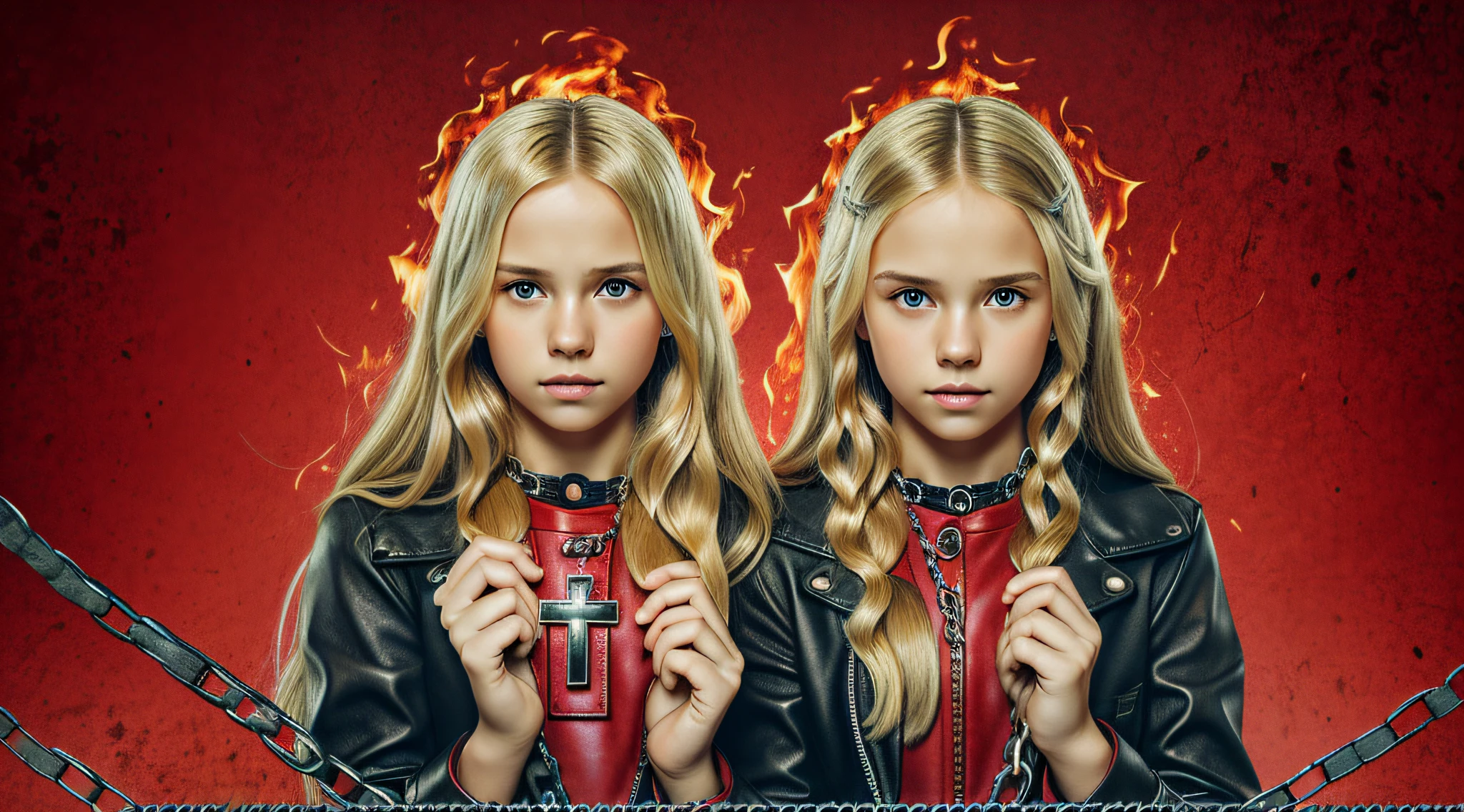 A half body, portrait of 3 girls German children long blonde hair of 12 years, red leather jackets, holding in their hands a cross, background of chains, chain, more chains, many chains, , red, red fire, many background flames.